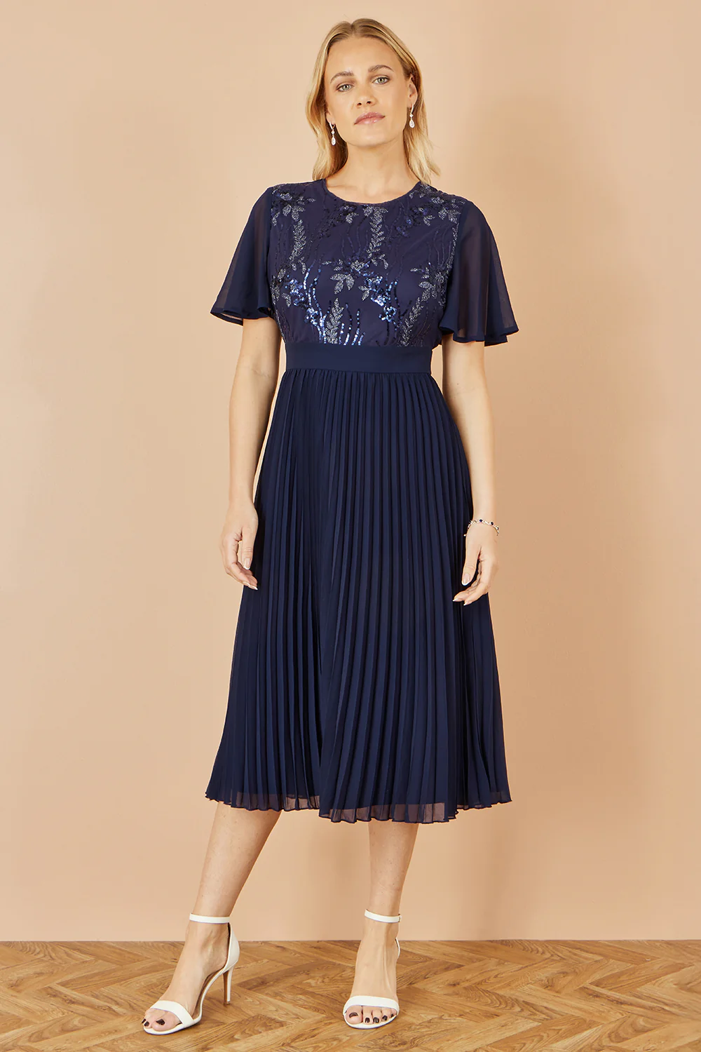 Yumi Navy Sequin Embellished Panel Pleated Midi Dress - Image 3