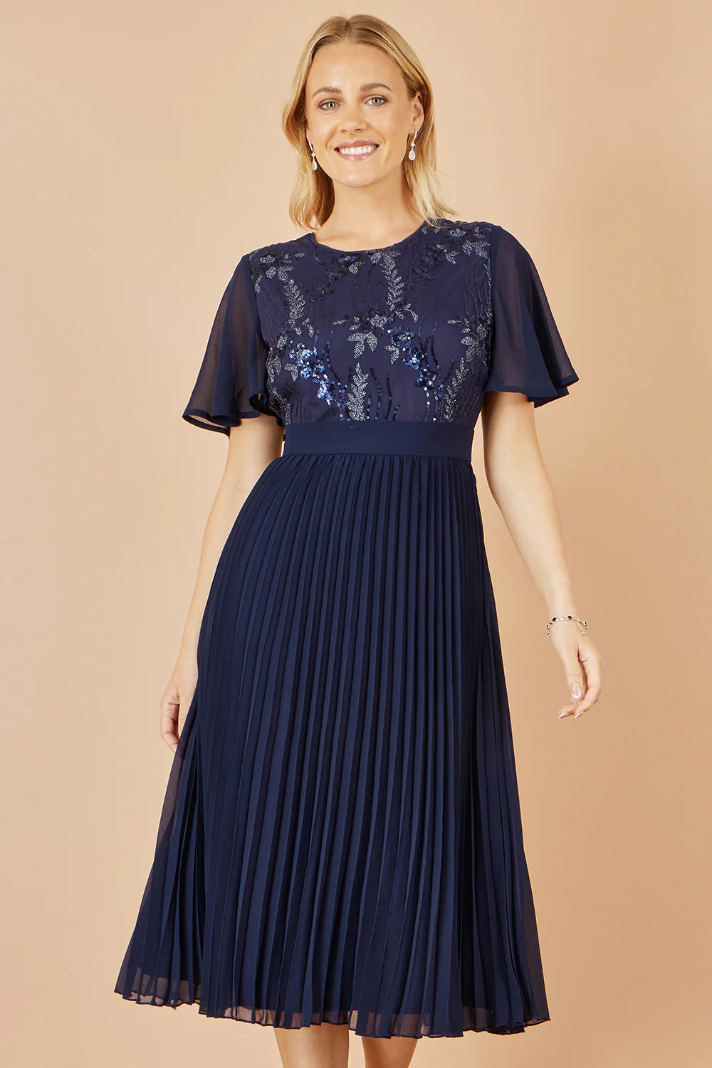 Yumi Navy Sequin Embellished Panel Pleated Midi Dress - Image 4