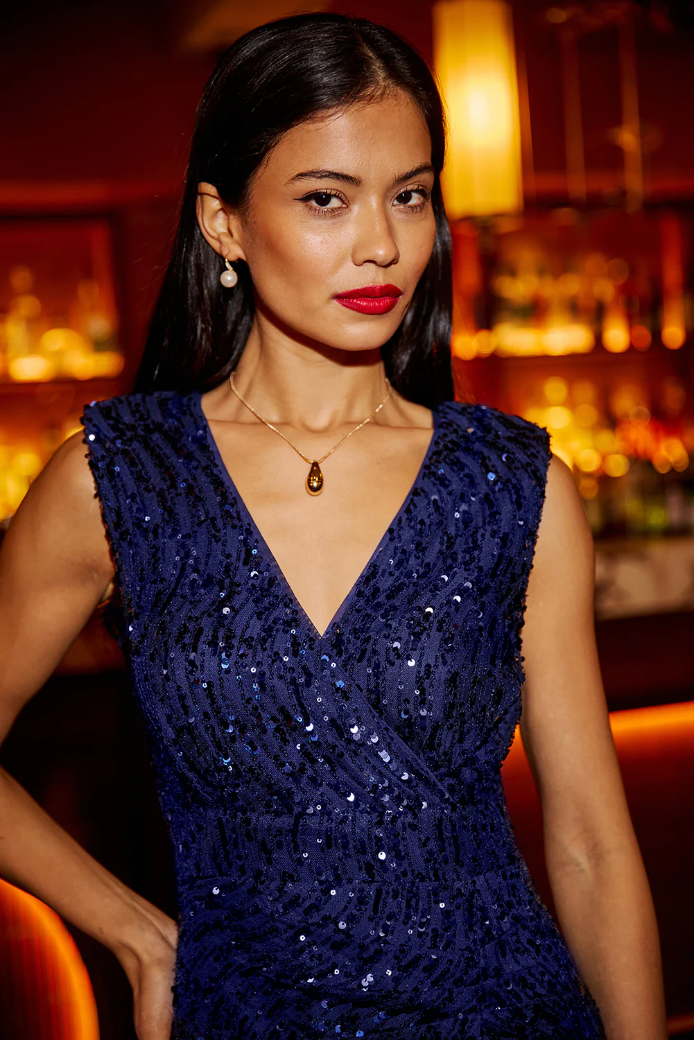 Yumi Navy Sequin Fitted Wrap Dress With Split Hem - Image 2