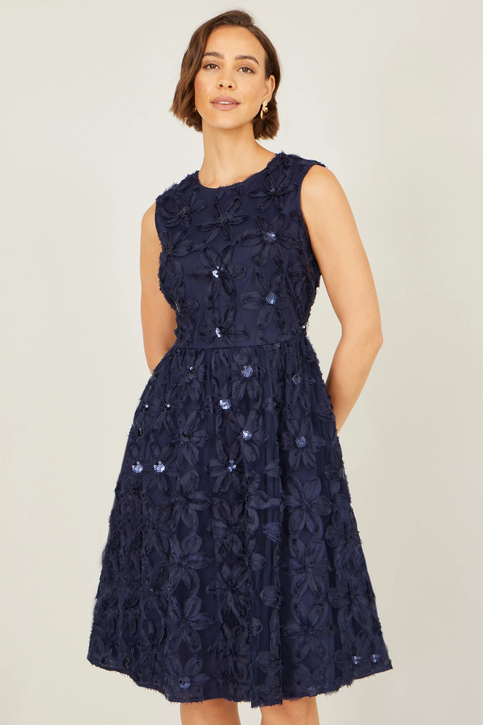 Yumi Navy Sequin Floral Applique Skater Dress - Image 3