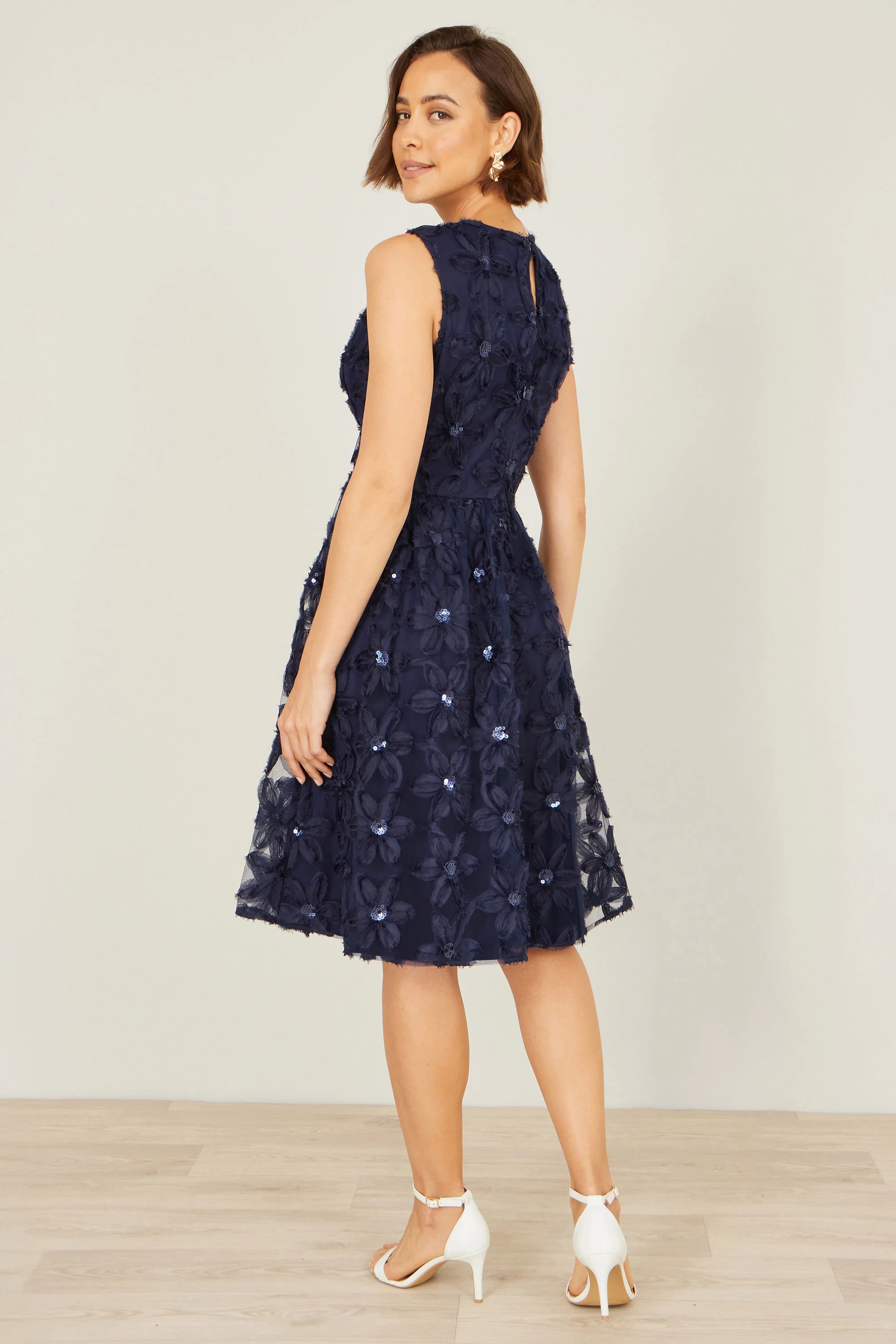 Yumi Navy Sequin Floral Applique Skater Dress - Image 4