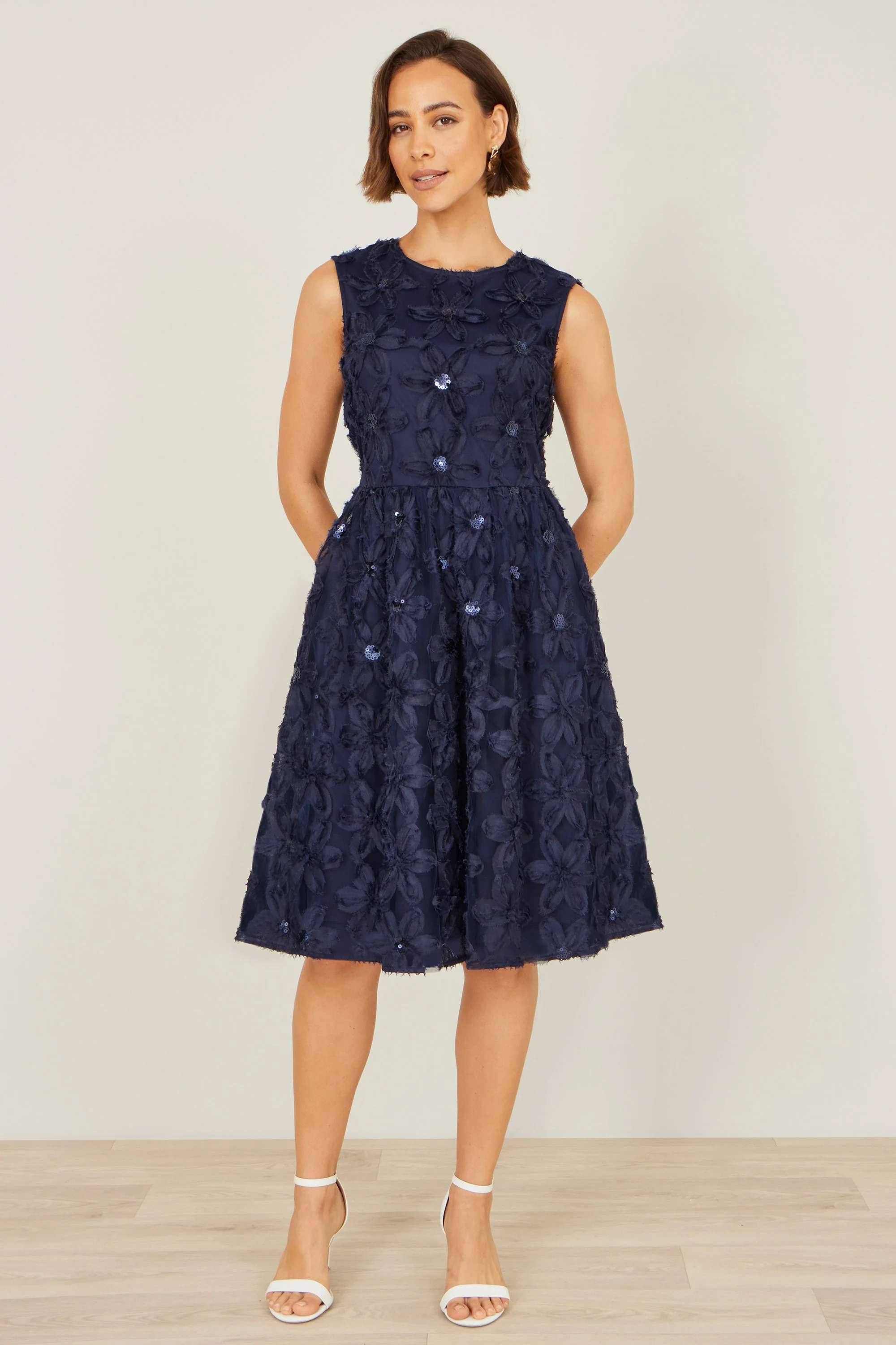 Yumi Navy Sequin Floral Applique Skater Dress - Image 6
