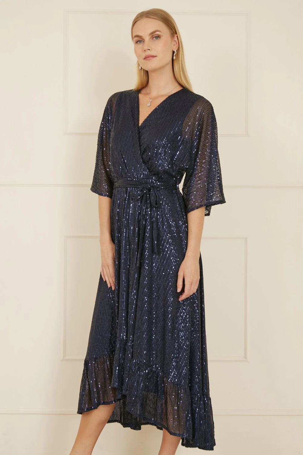 Yumi Navy Sequin Kimono Midi Wrap Dress - Image 3