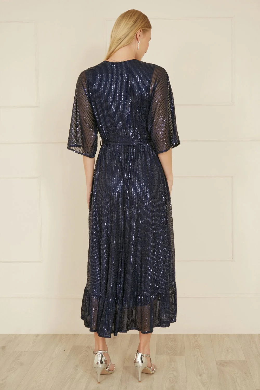 Yumi Navy Sequin Kimono Midi Wrap Dress - Image 4