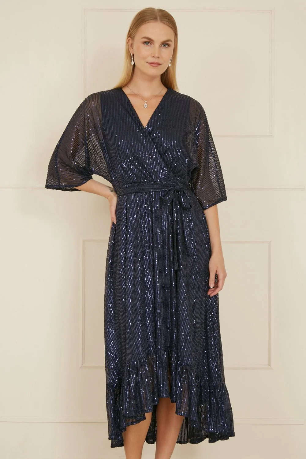 Yumi Navy Sequin Kimono Midi Wrap Dress - Image 5