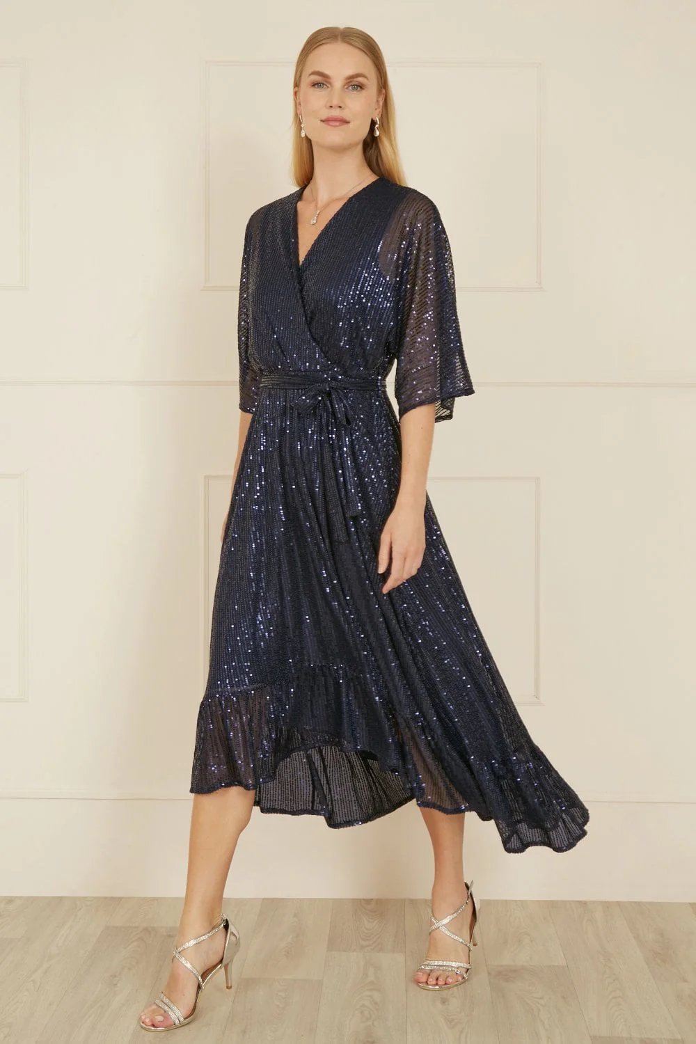Yumi Navy Sequin Kimono Midi Wrap Dress - Image 6