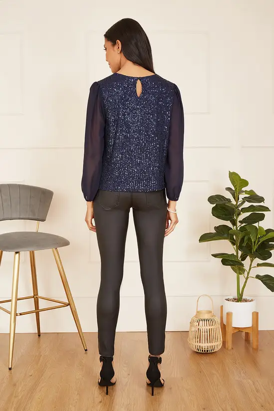 Yumi Navy Sequin Top With Sheer Sleeves - Image 4