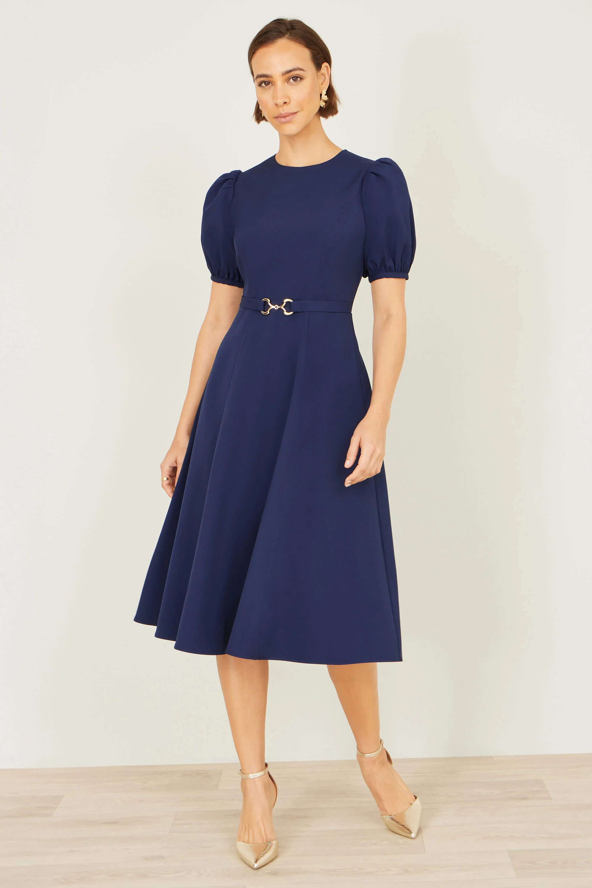Yumi Navy Skater Dress With Puff Sleeves And Buckle Detail - Image 3