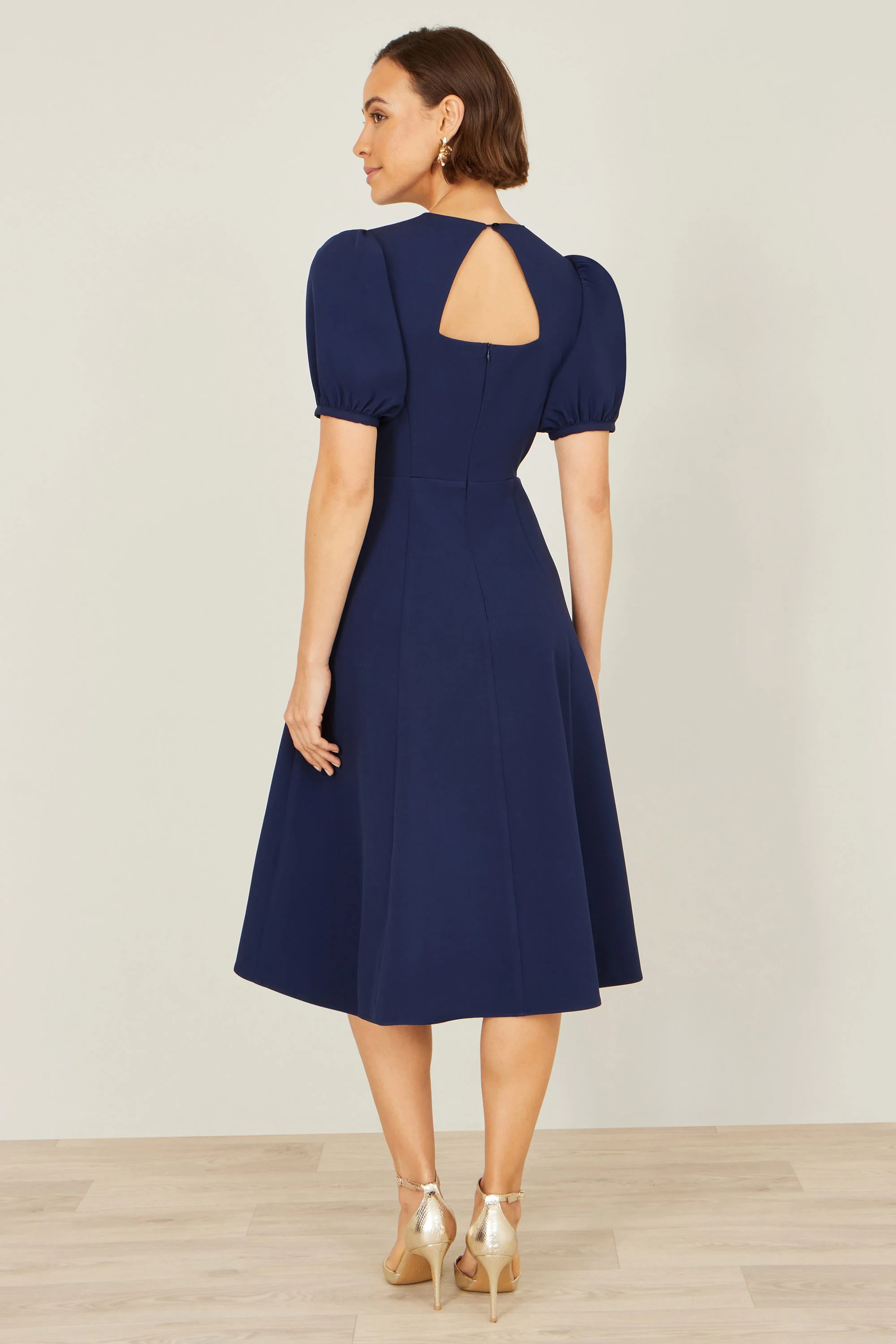 Yumi Navy Skater Dress With Puff Sleeves And Buckle Detail - Image 4