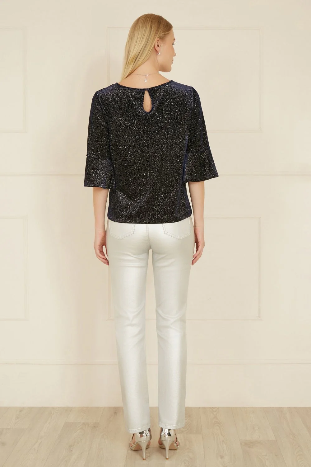 Yumi Navy Sparkle Velvet Relaxed Fit Top With Fluted Sleeves - Image 4