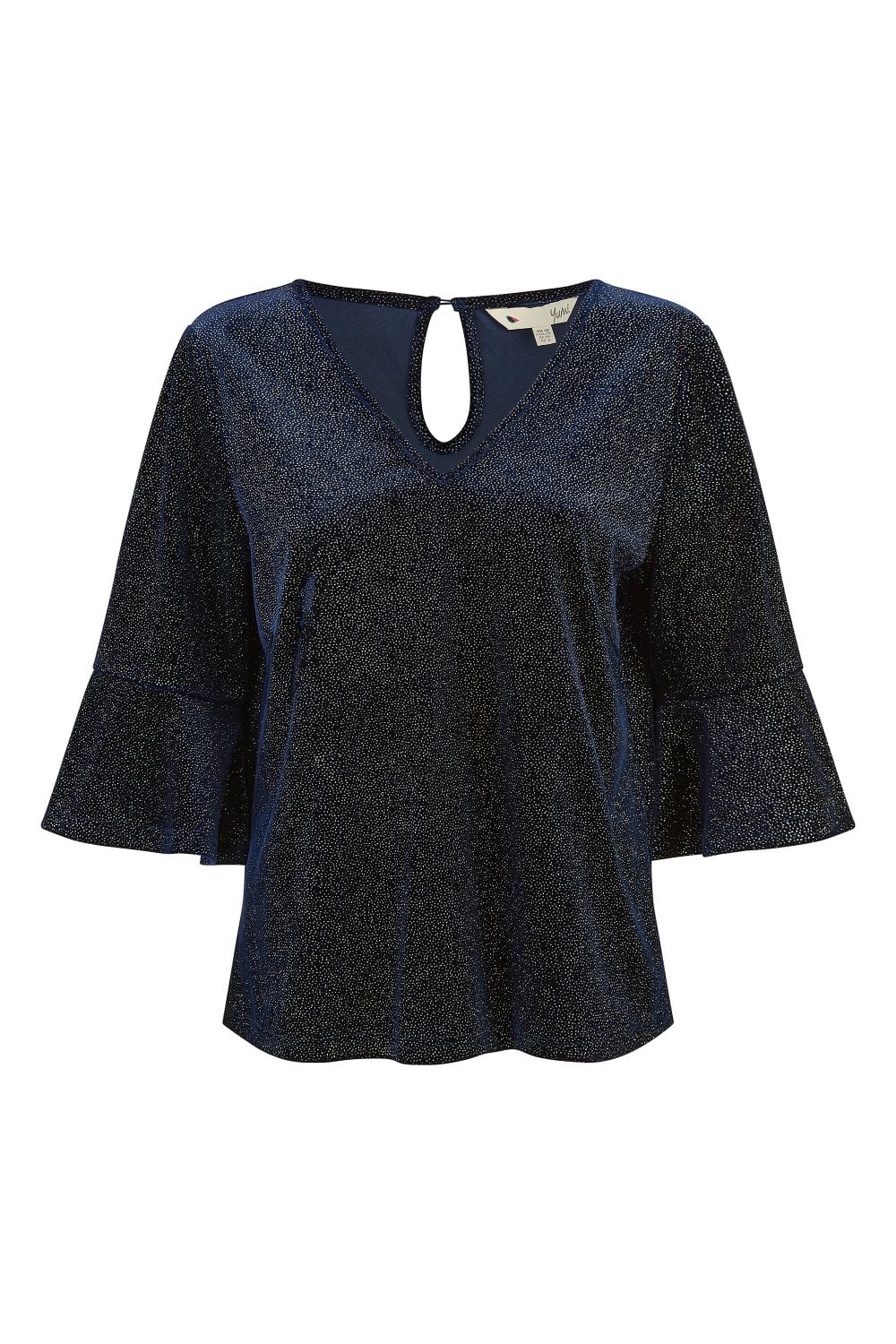 Yumi Navy Sparkle Velvet Relaxed Fit Top With Fluted Sleeves - Image 6