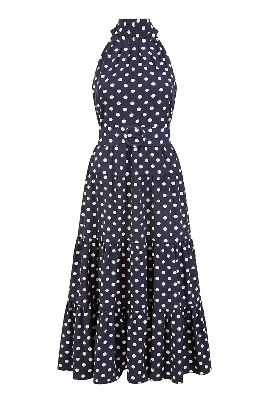 Yumi Navy Spot Print Halter Midi Dress With Matching Belt - Image 5