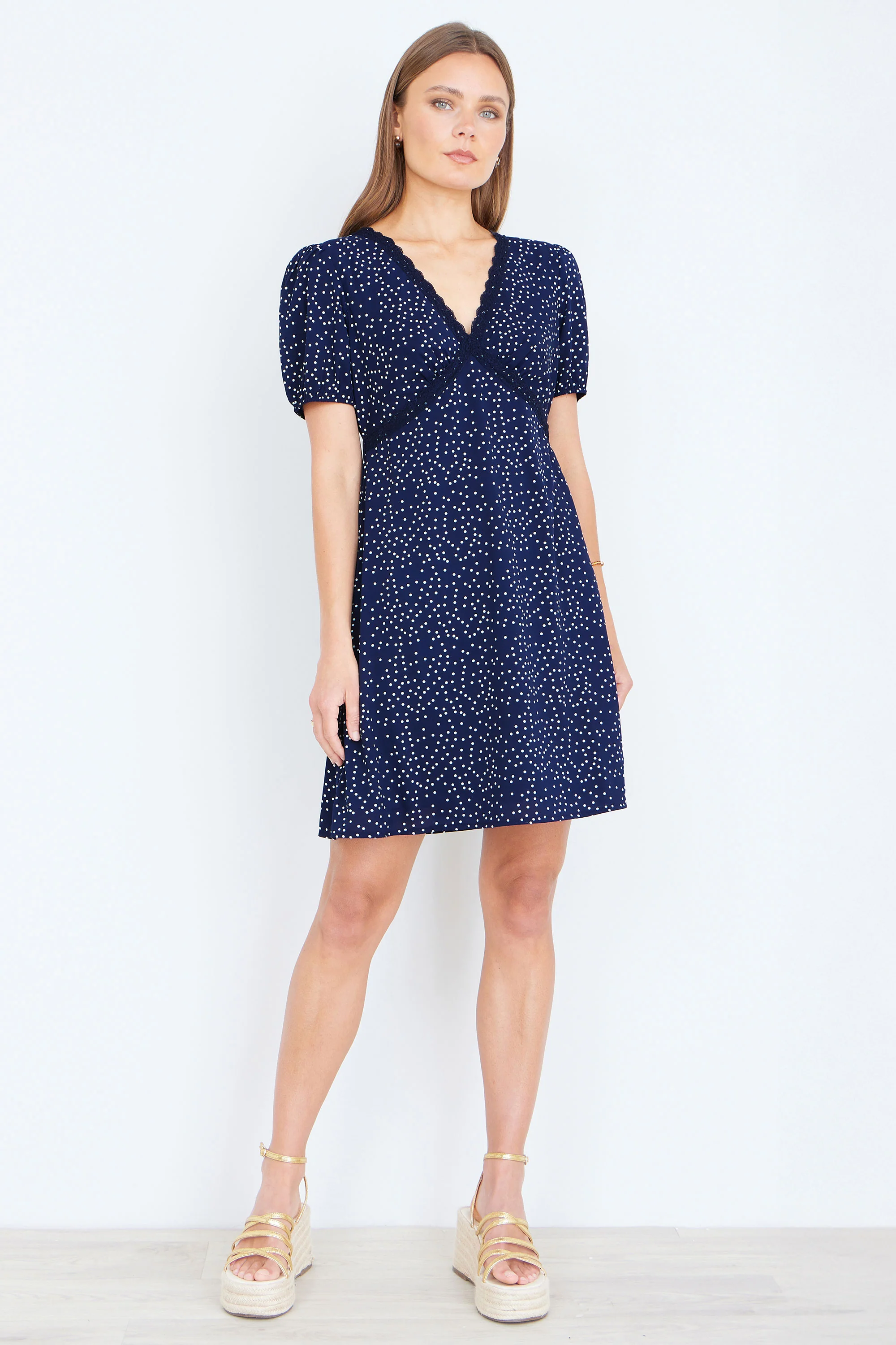 Yumi Navy Spot Print Lace Trim Skater Dress - Image 3