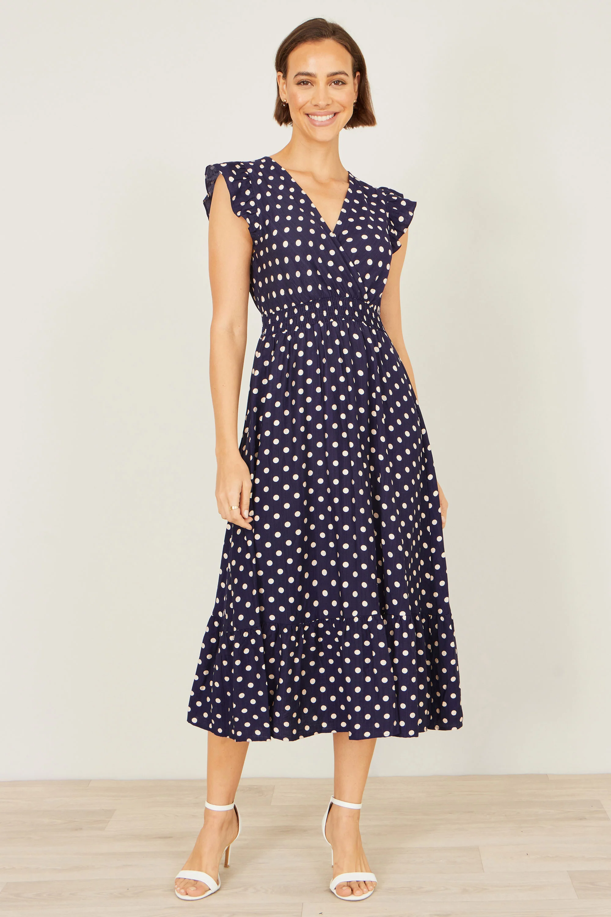 Yumi Navy Spot Ruched Waist Midi Dress