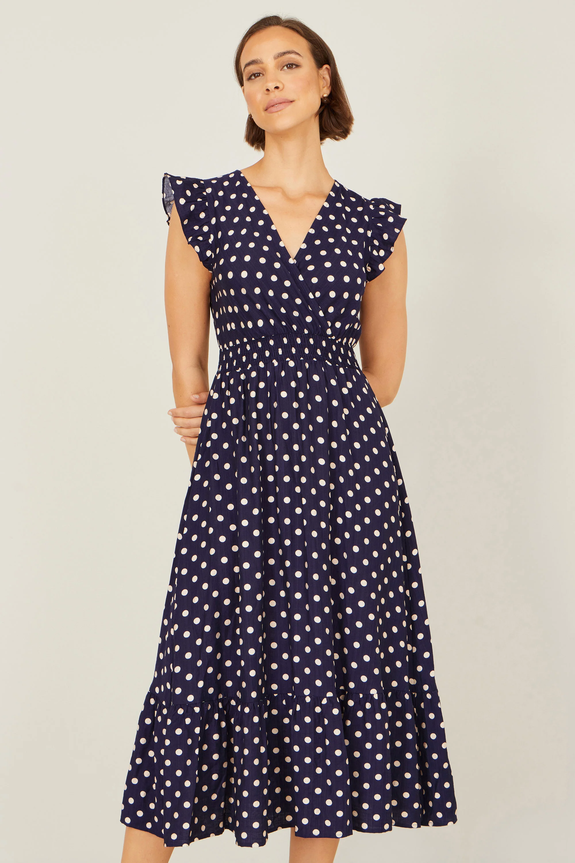 Yumi Navy Spot Ruched Waist Midi Dress - Image 3