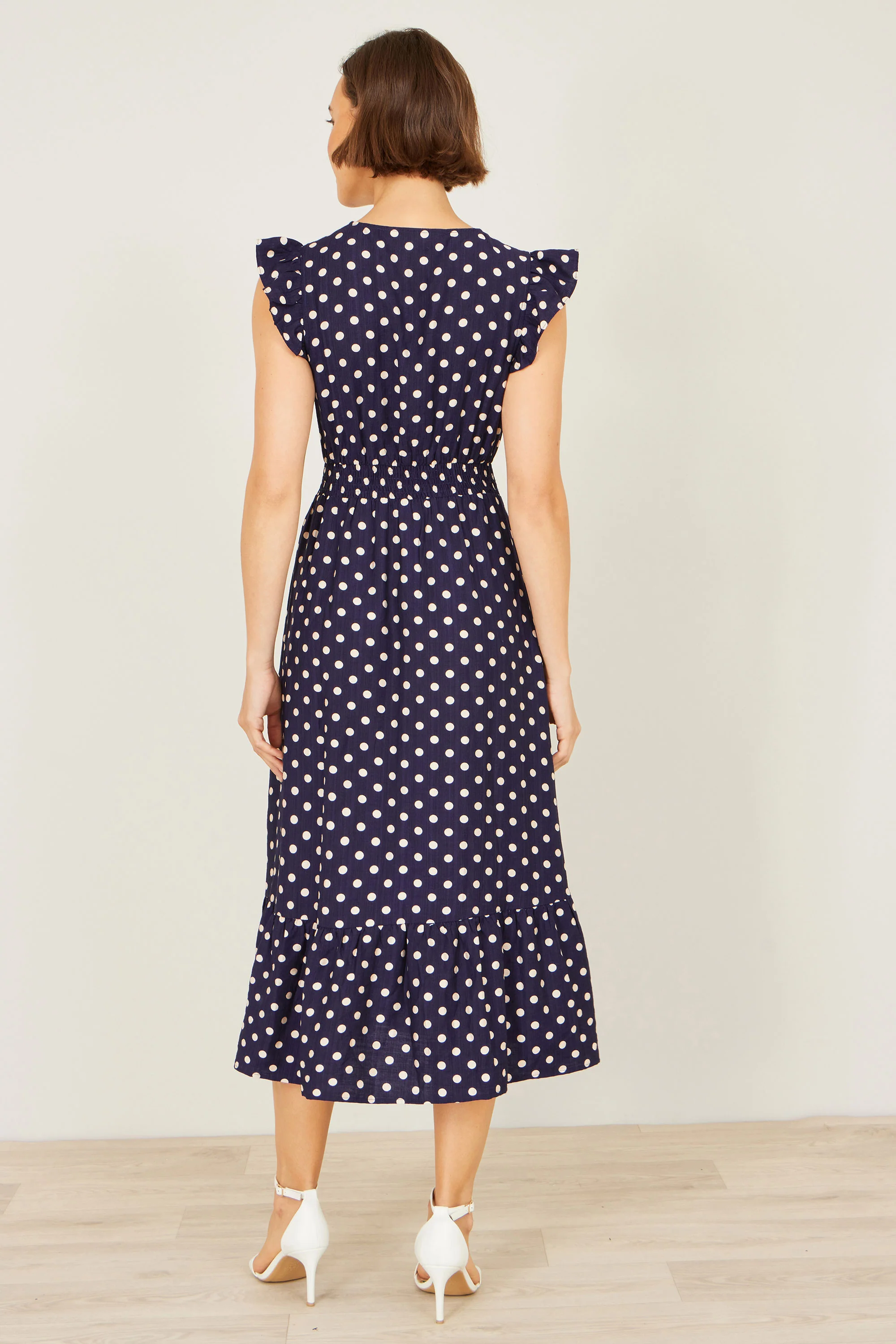 Yumi Navy Spot Ruched Waist Midi Dress - Image 4