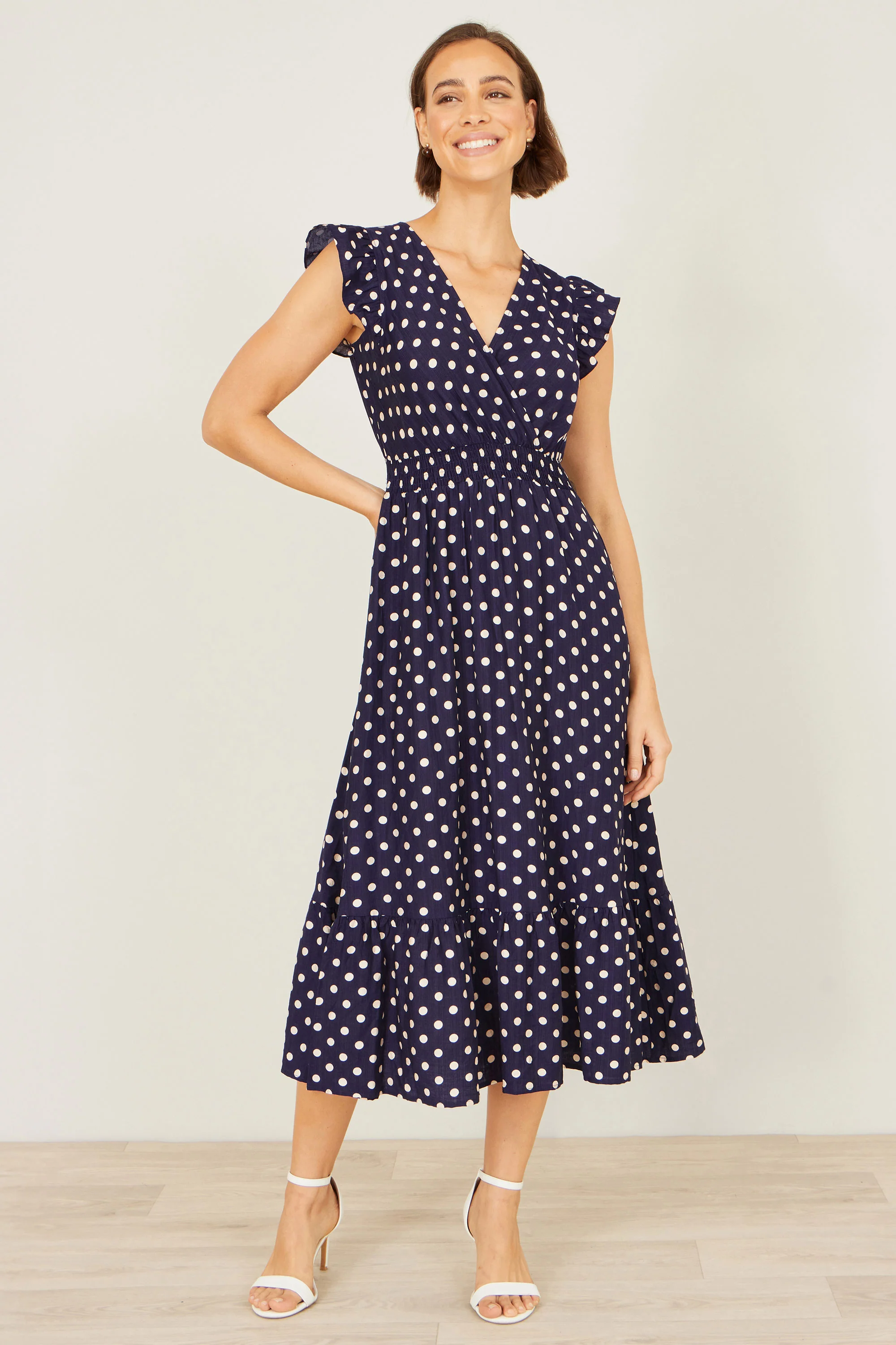 Yumi Navy Spot Ruched Waist Midi Dress - Image 5
