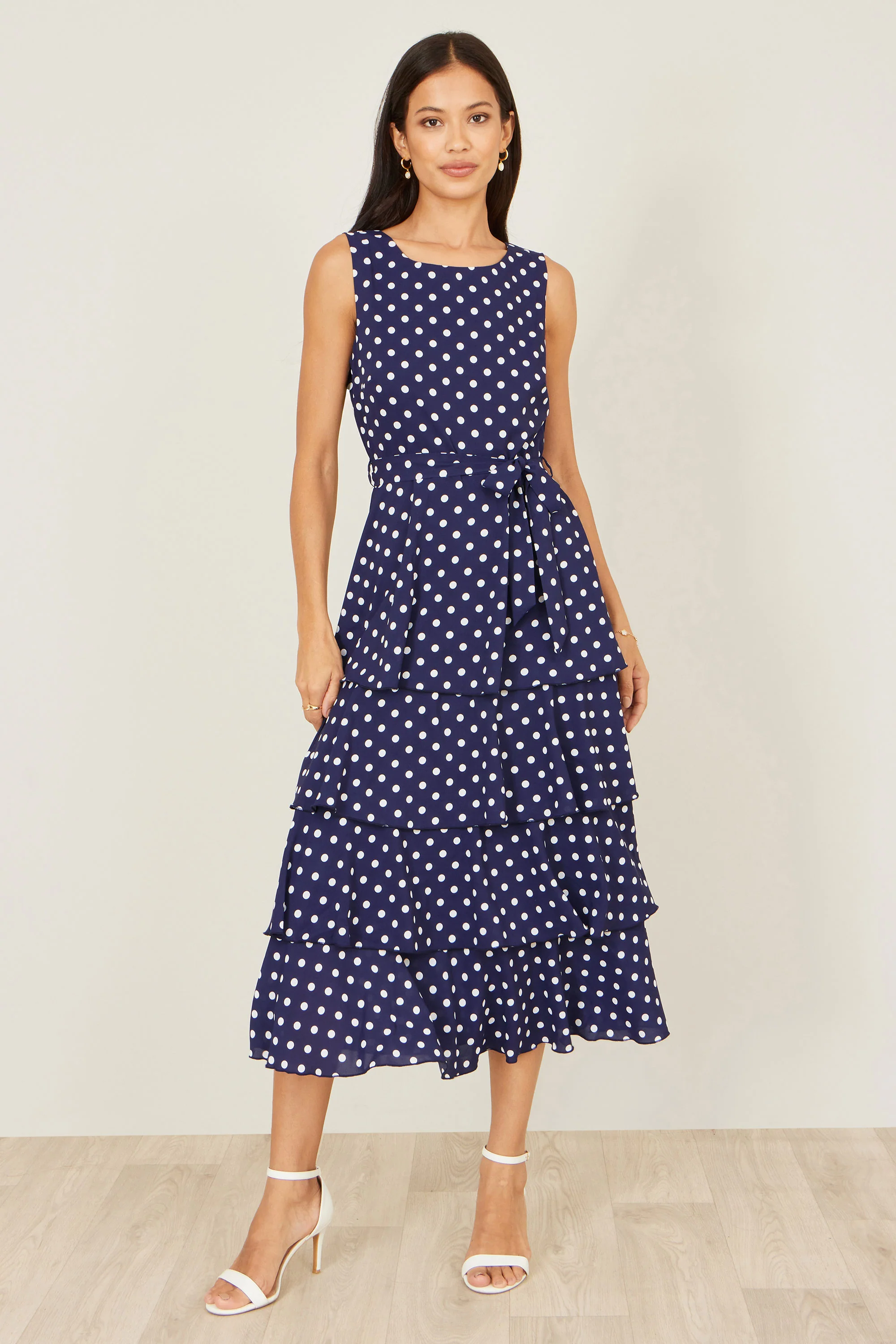 Yumi Navy Spot Tiered Midi Dress - Image 5