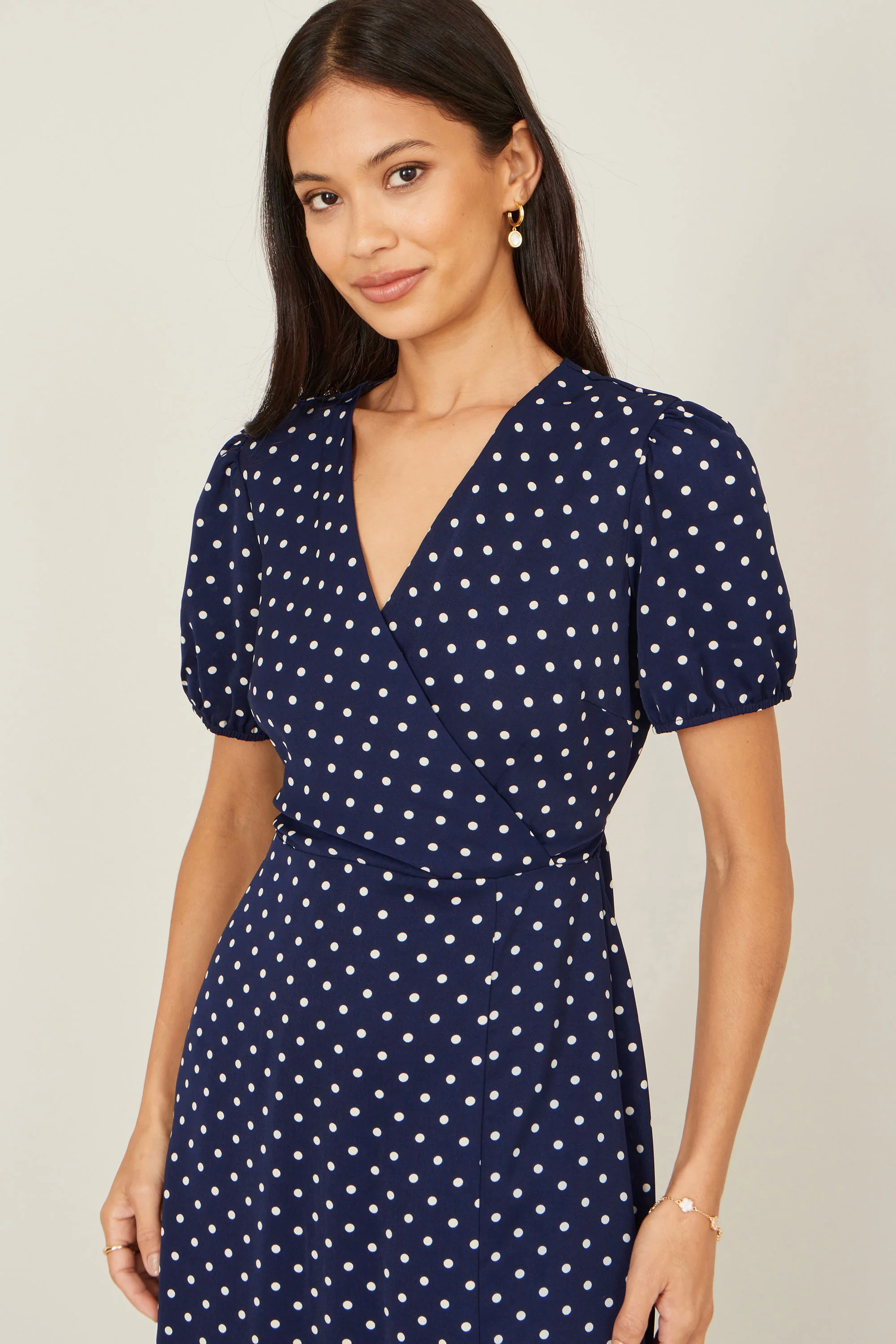 Yumi Navy Spot Wrap Midi Tea Dress - Image 2