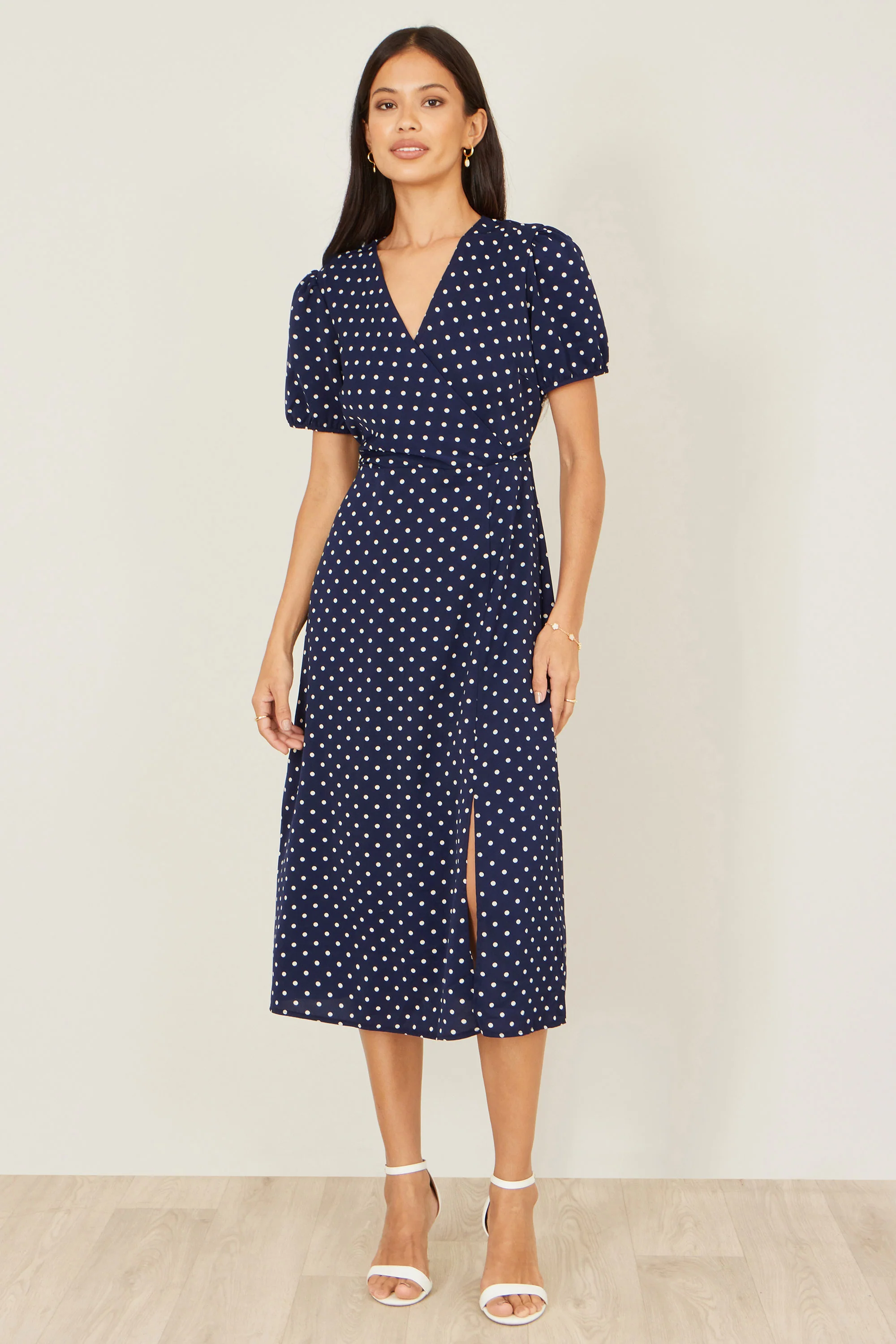 Yumi Navy Spot Wrap Midi Tea Dress - Image 3