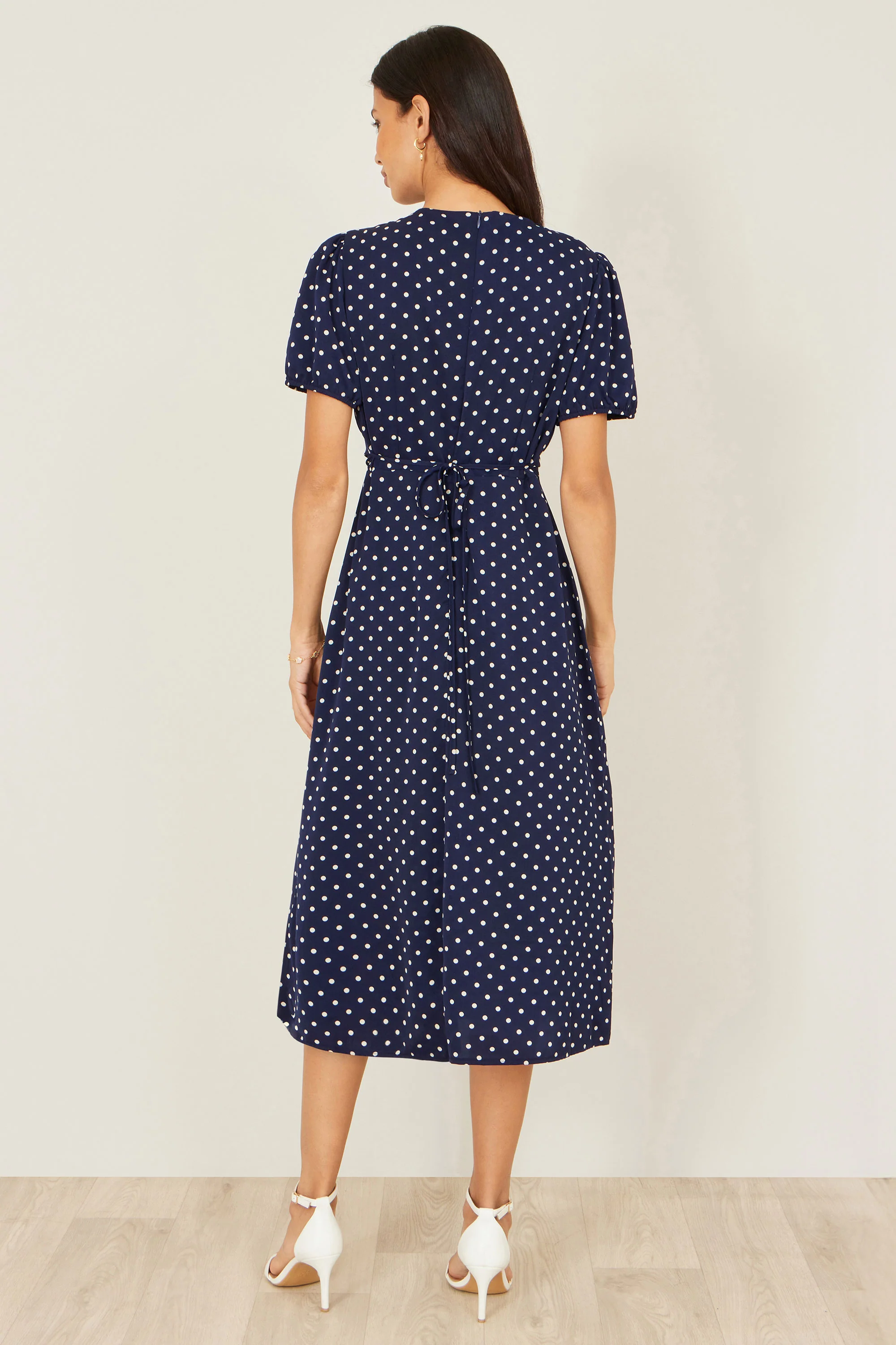Yumi Navy Spot Wrap Midi Tea Dress - Image 4