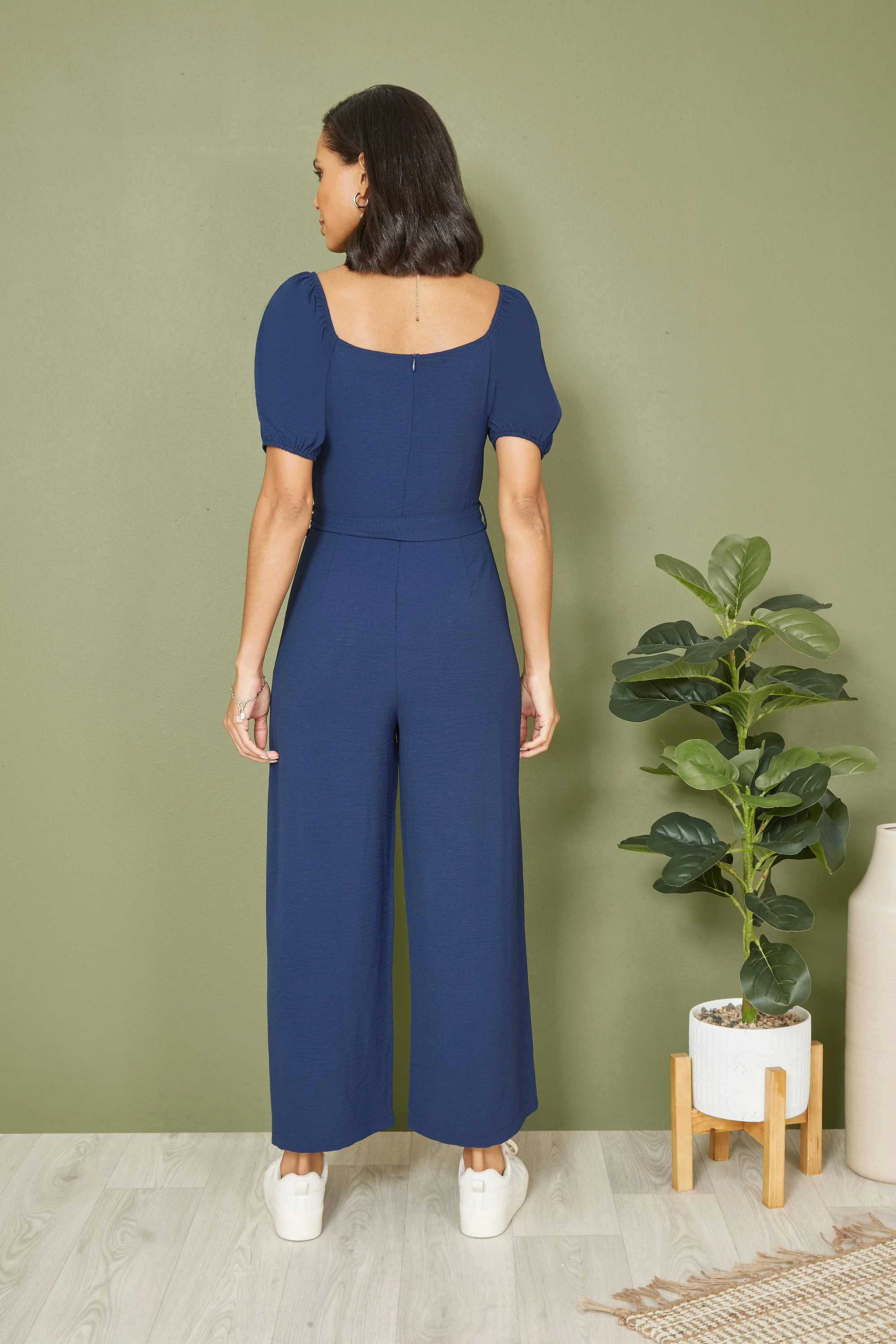 Yumi Navy Square Neck Puff Sleeve Culotte Jumpsuit - Image 3
