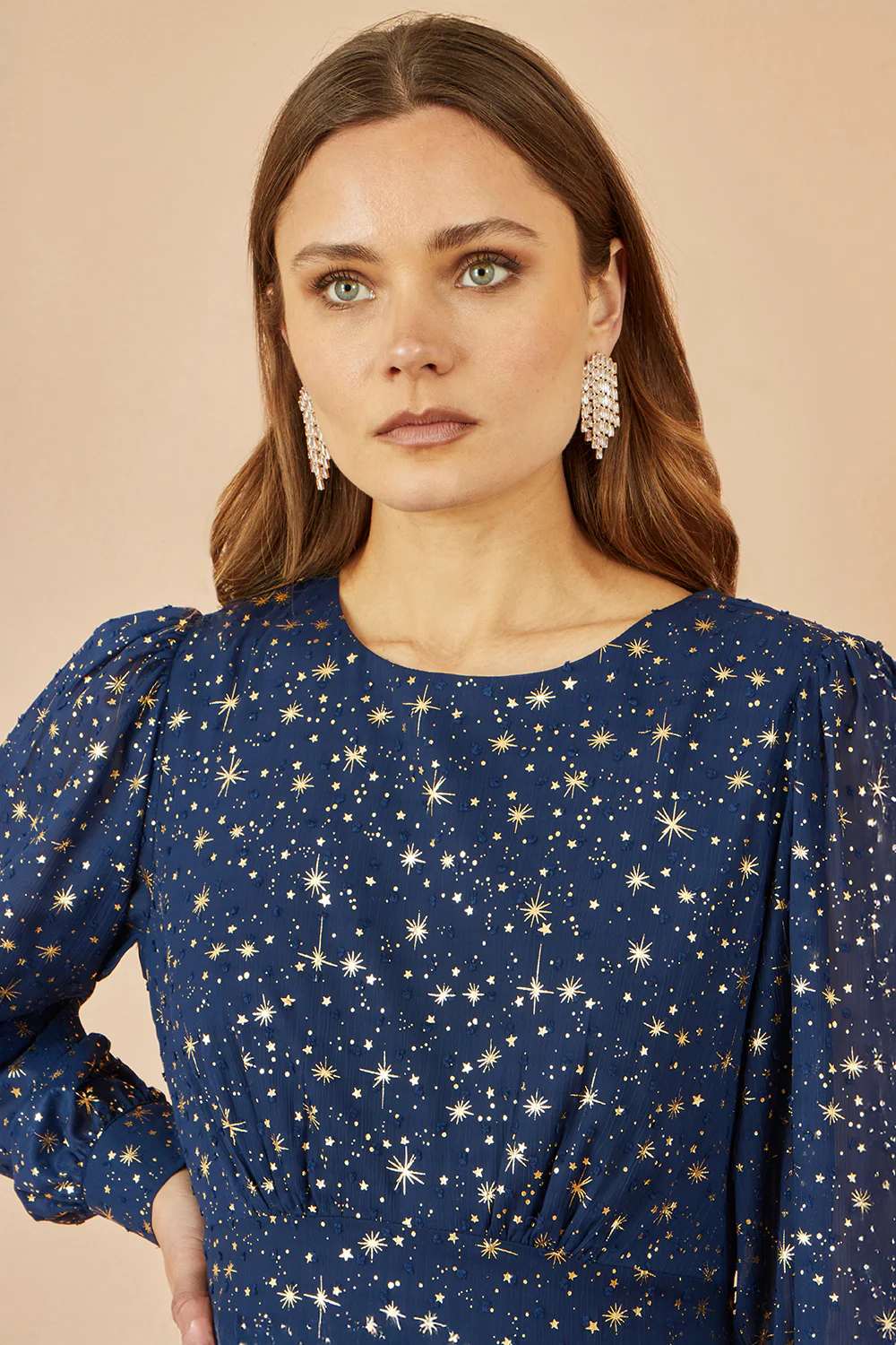 Yumi Navy Star Print Foil Long Sleeve Dress - Image 2