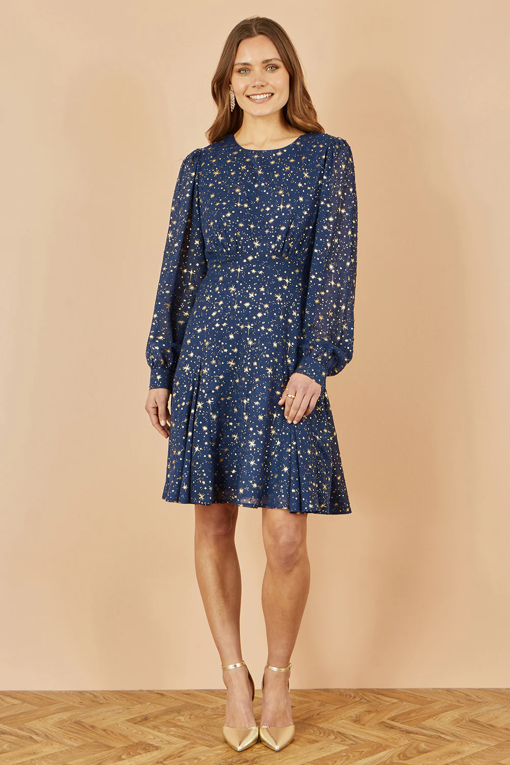 Yumi Navy Star Print Foil Long Sleeve Dress - Image 3