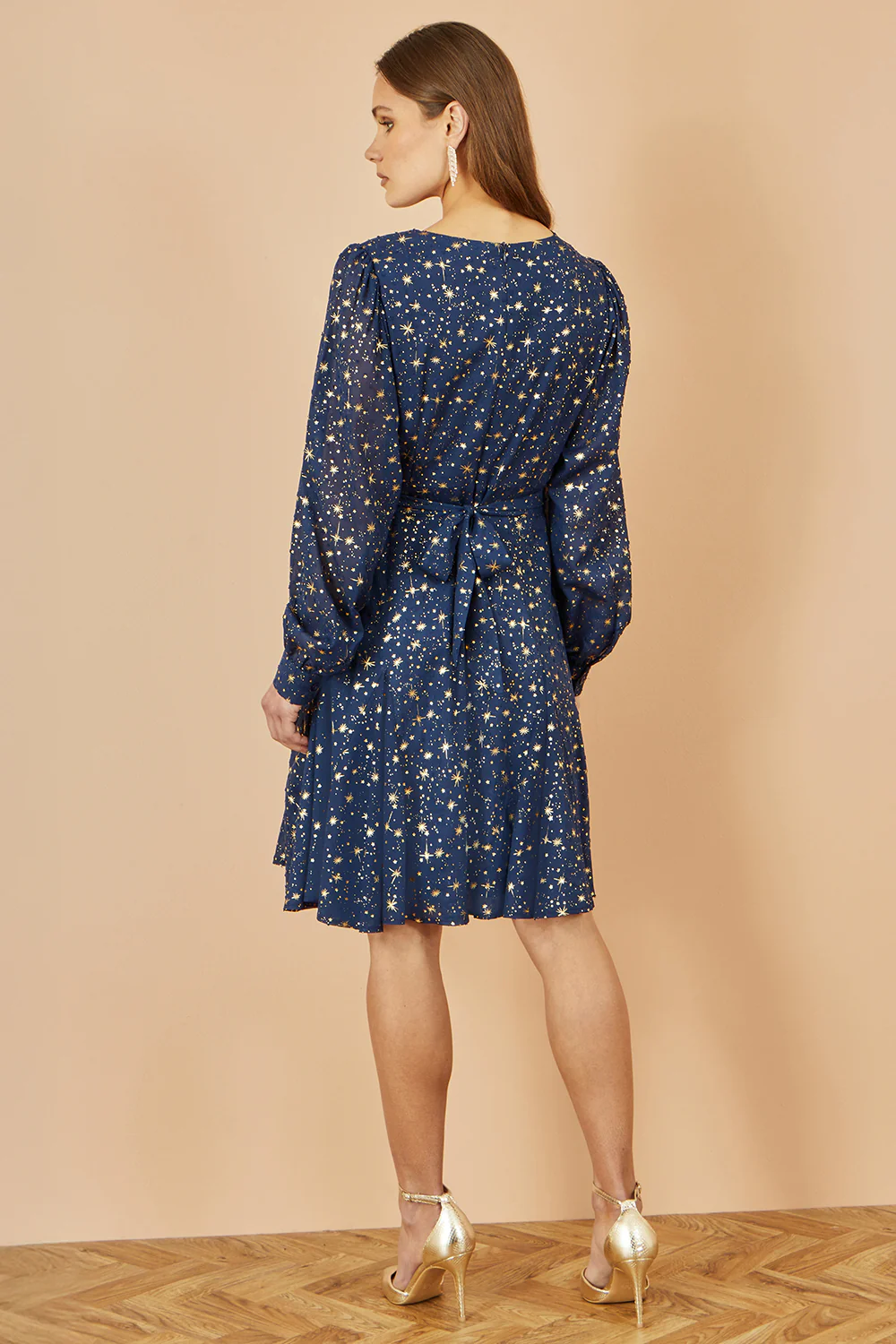 Yumi Navy Star Print Foil Long Sleeve Dress - Image 4