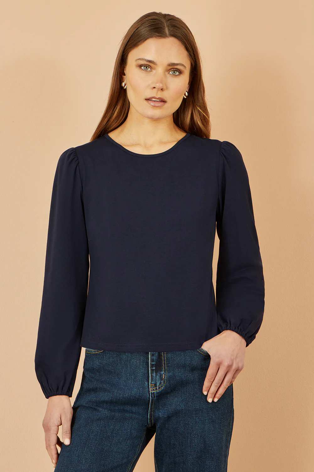 Yumi Navy Stretch Cotton Jersey Long Sleeve Top - Image 2