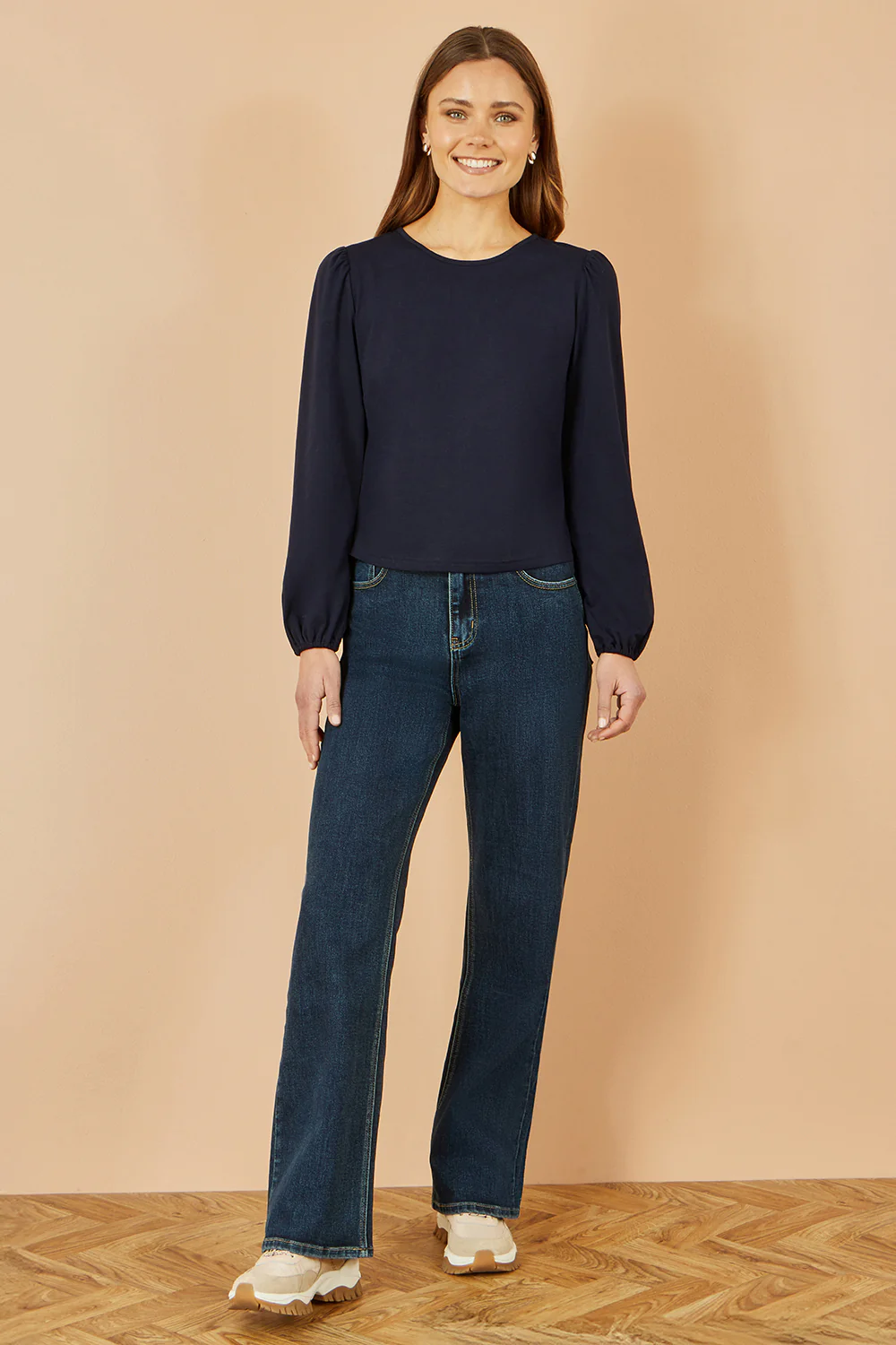 Yumi Navy Stretch Cotton Jersey Long Sleeve Top - Image 4