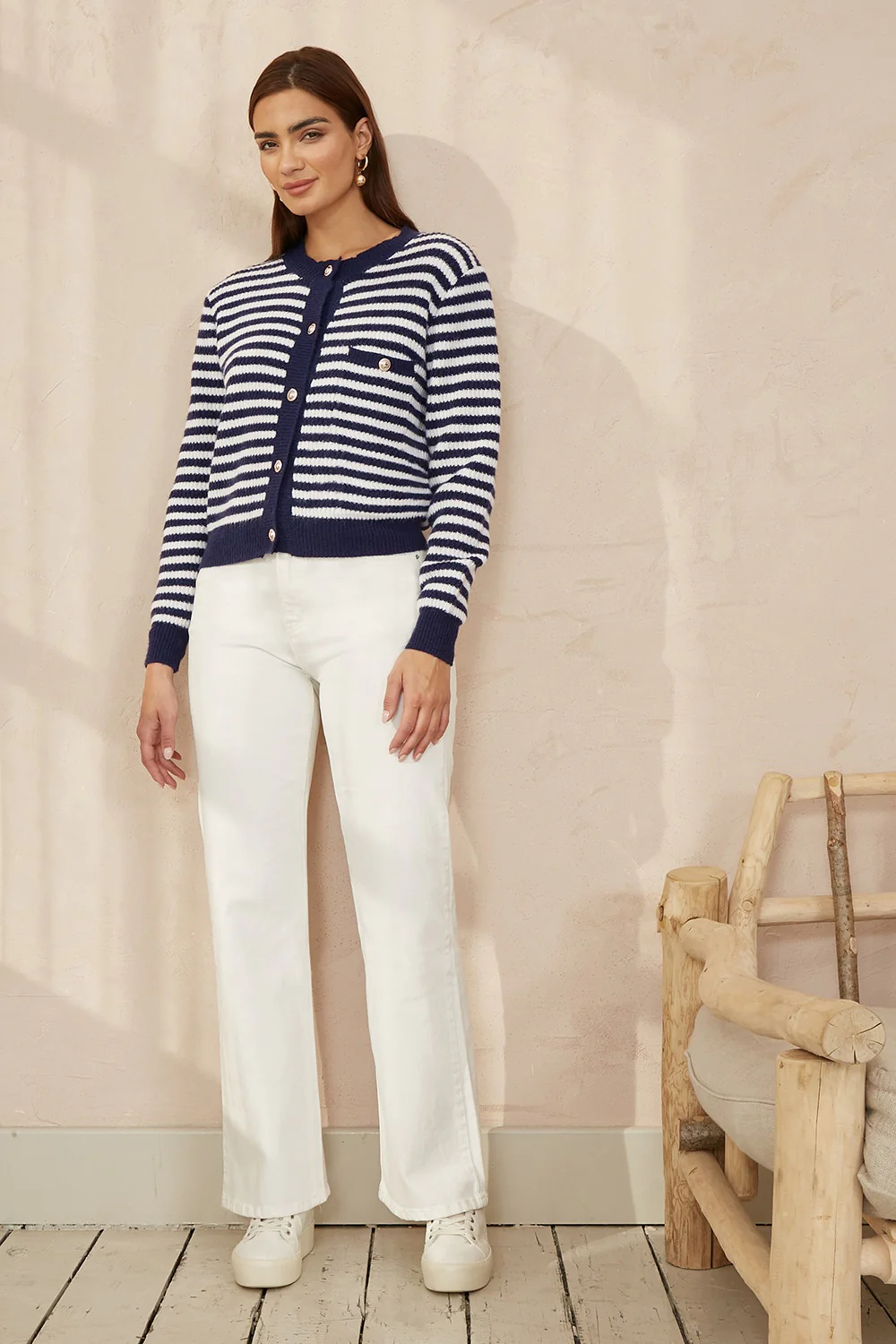 Yumi Navy Stripe Knit Relaxed Fit Cardigan - Image 3