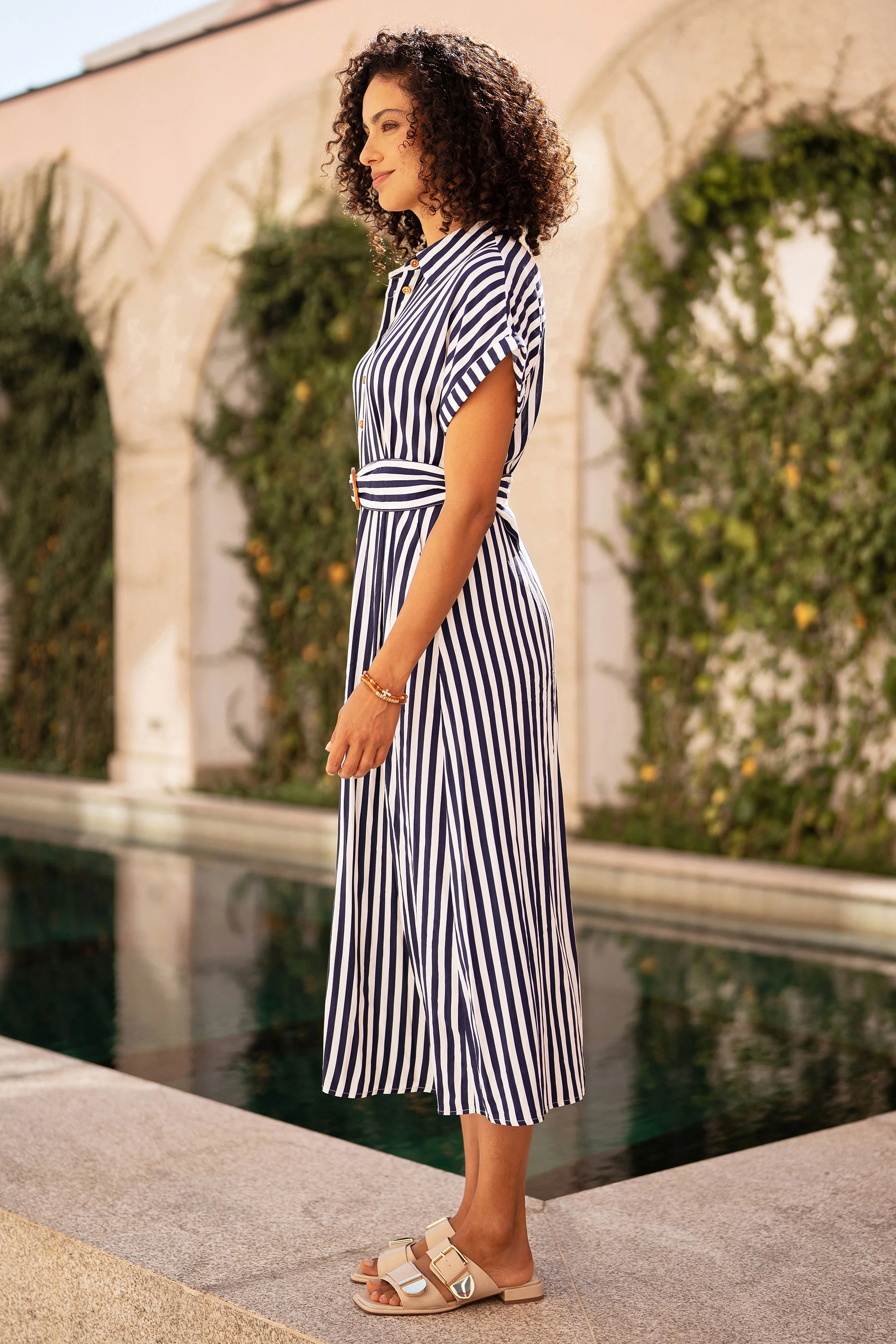 Yumi Navy Stripe Print Relaxed Midi Shirt Dress With Belt - Image 3
