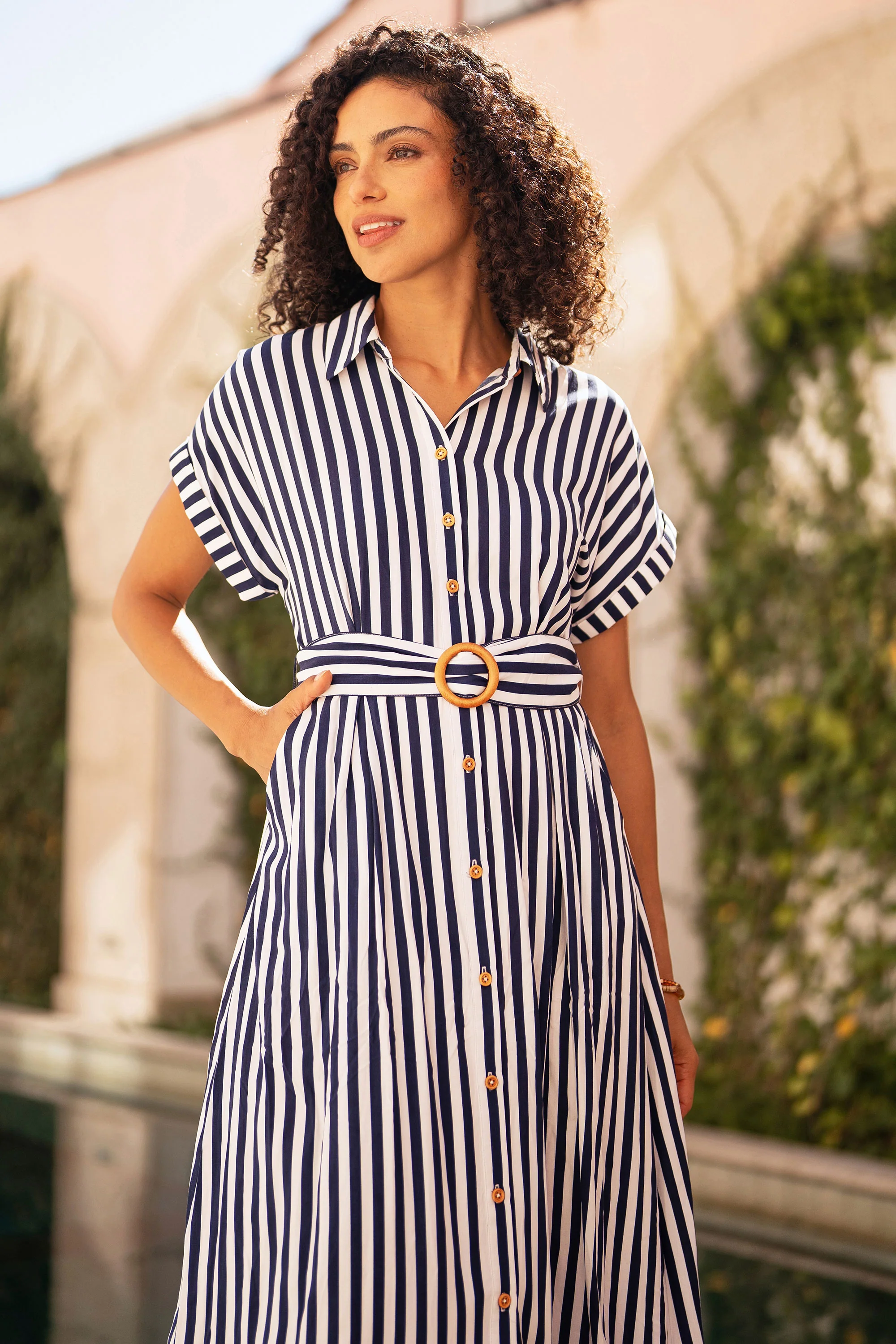 Yumi Navy Stripe Print Relaxed Midi Shirt Dress With Belt - Image 6