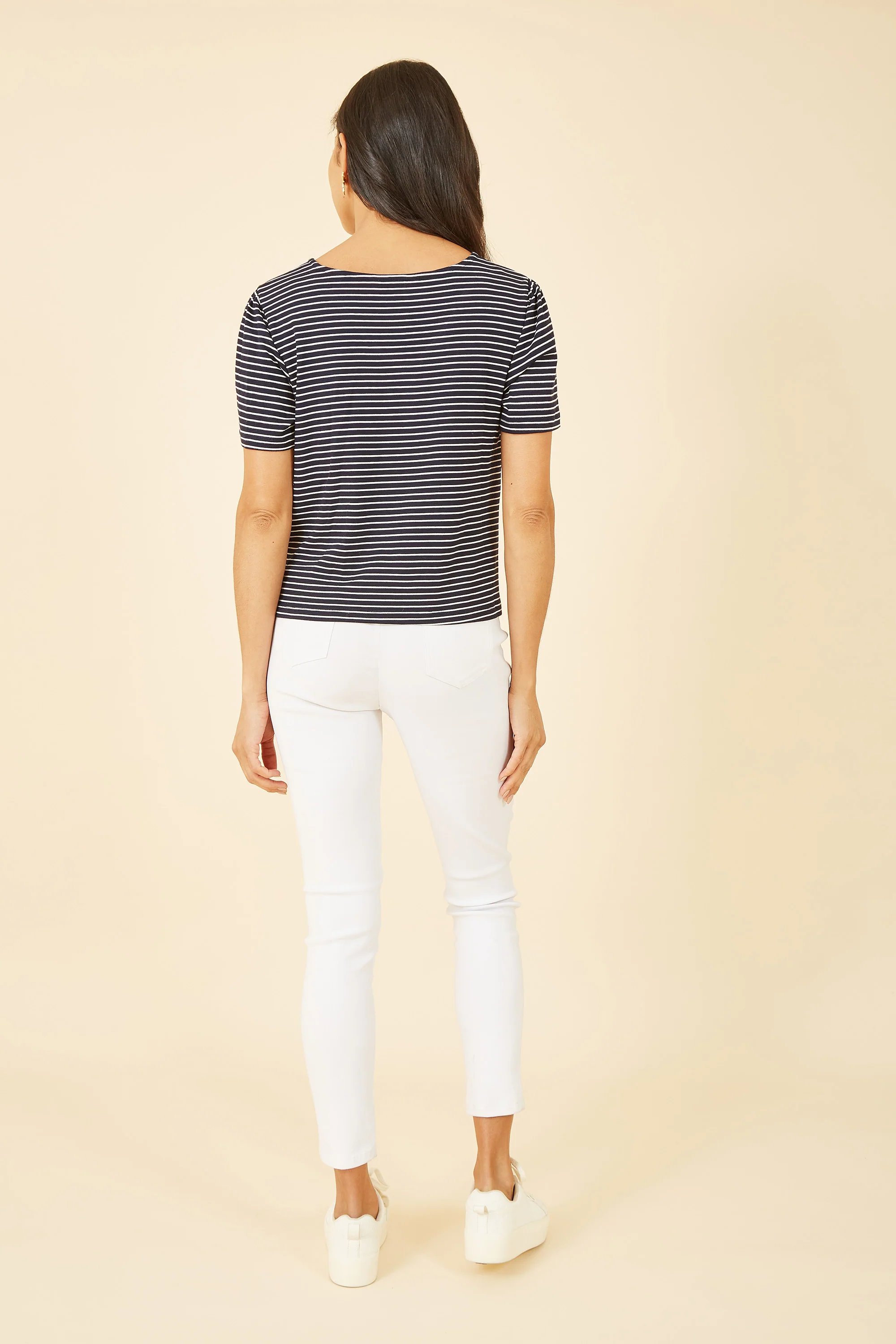 Yumi Navy Striped Jersey Button Detail Top - Image 3