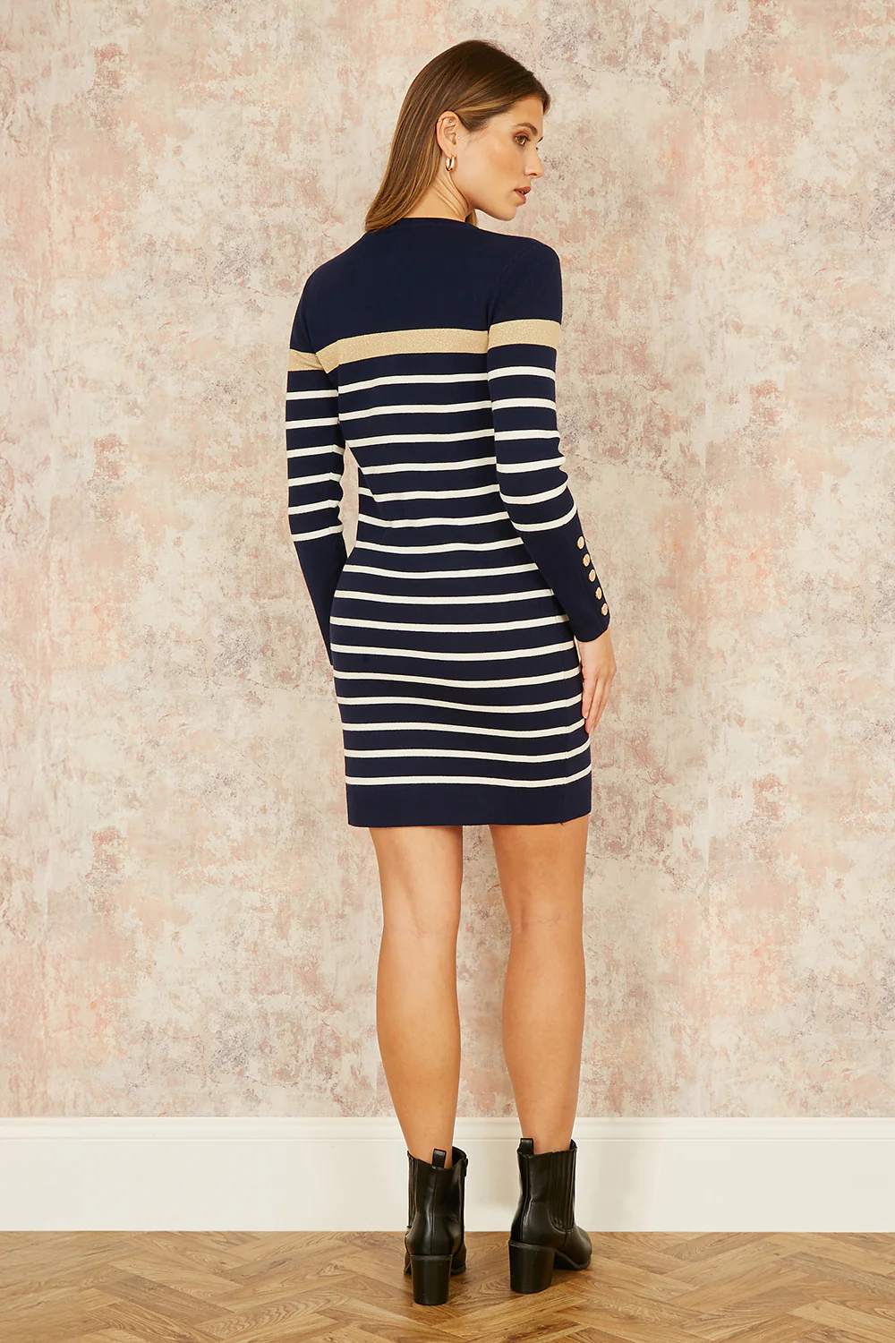 Yumi Navy Striped Knitted Dress With Button Cuff Detail - Image 3