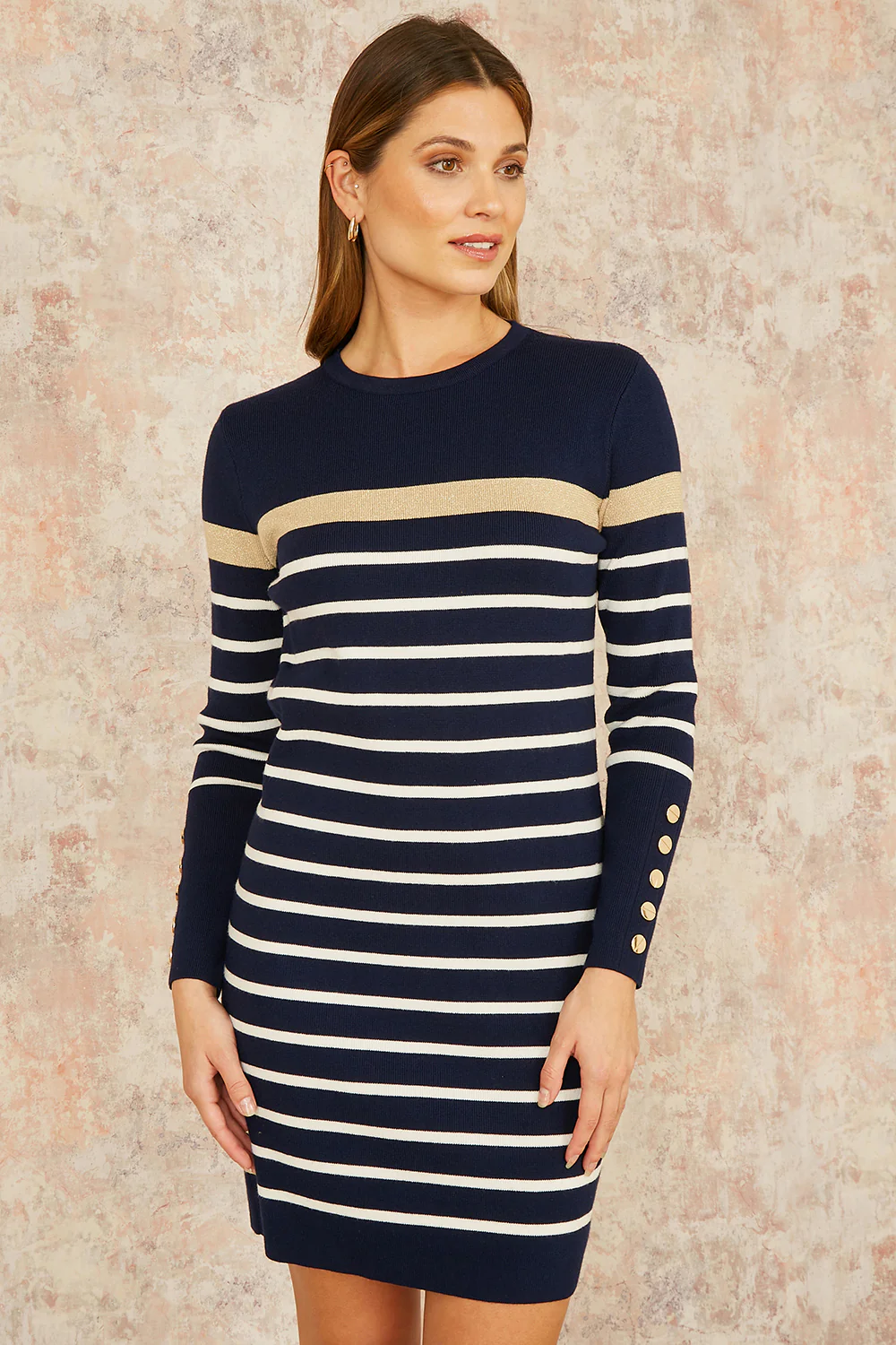 Yumi Navy Striped Knitted Dress With Button Cuff Detail - Image 4