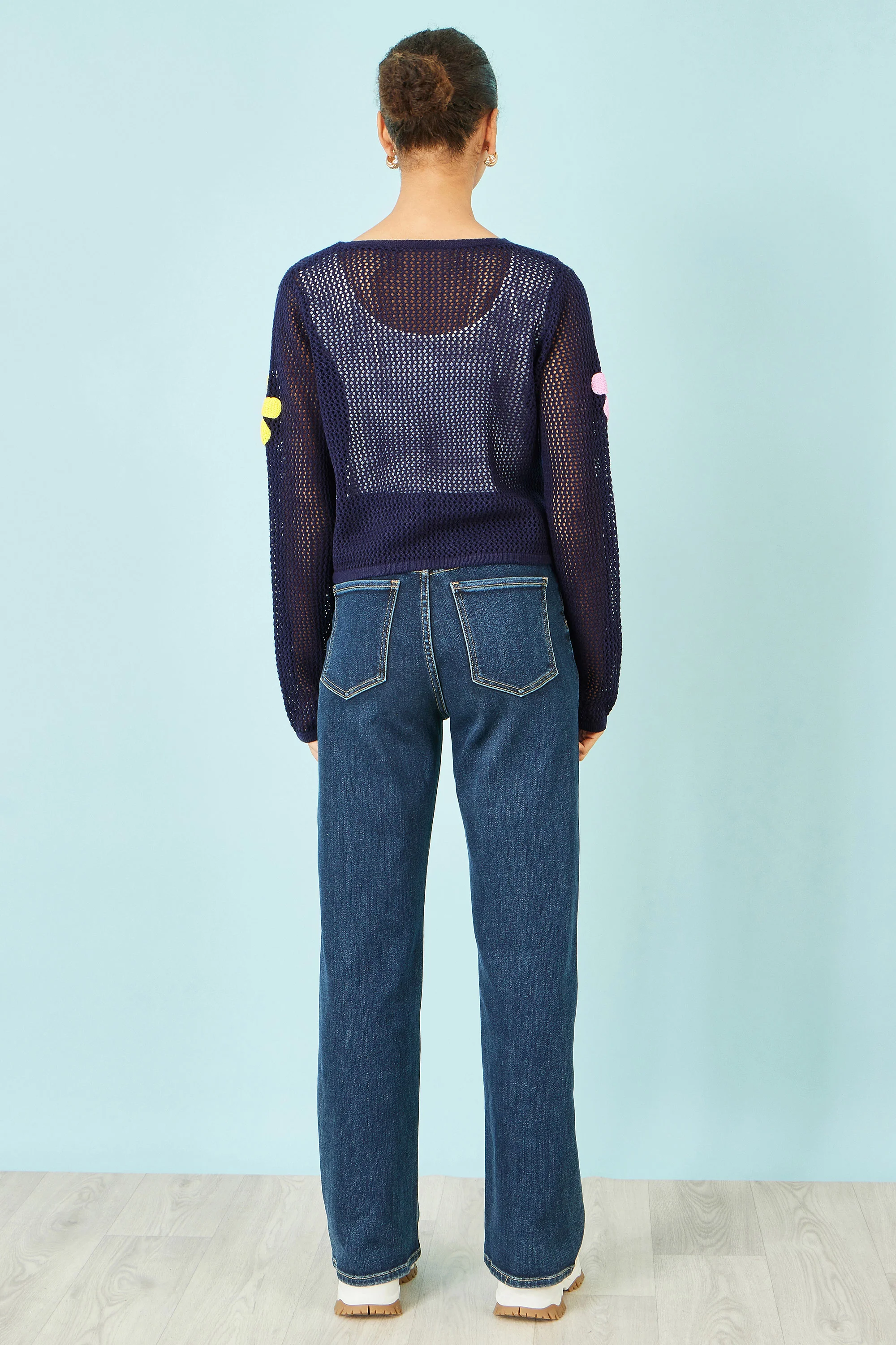 Yumi Navy Tie Front Cardigan With Flower Design - Image 4