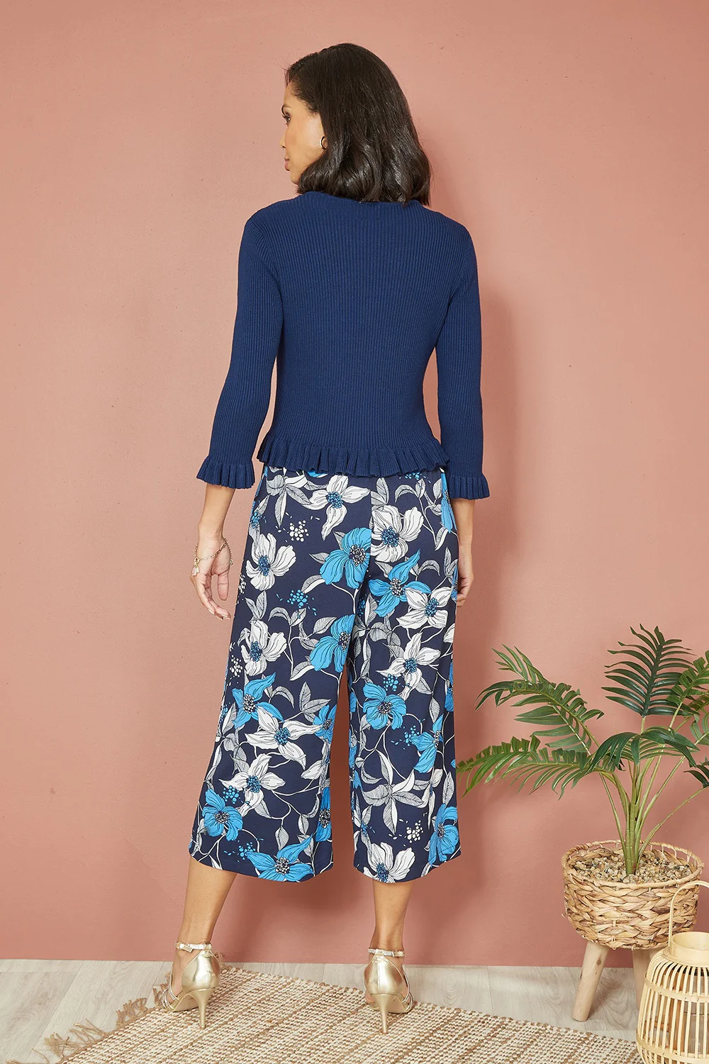 Yumi Navy Tie Up Ribbed Cardigan With Frill Hem - Image 3