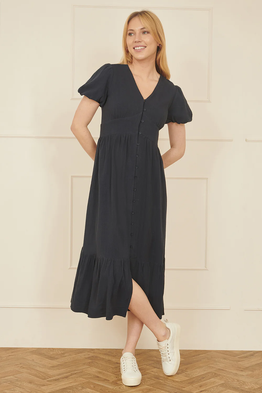 Yumi Navy Viscose Button Through Midi Dress - Image 3