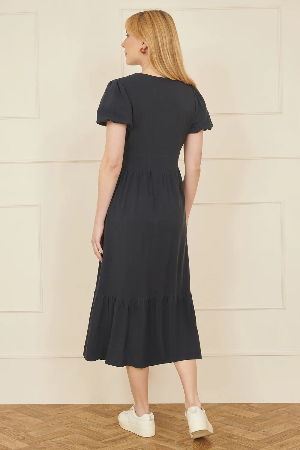 Yumi Navy Viscose Button Through Midi Dress - Image 4
