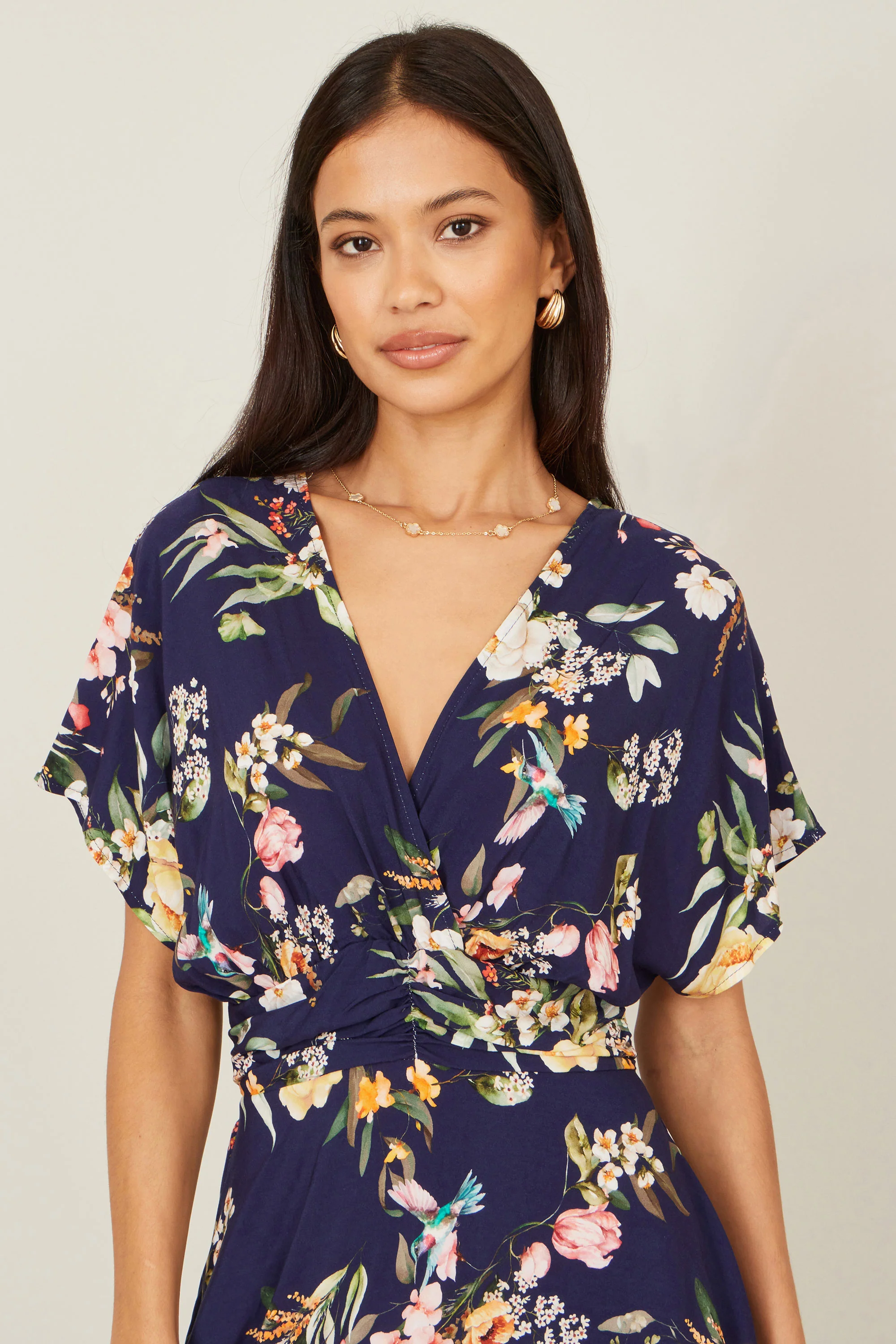Yumi Navy Viscose Floral Print Midi Dress With Ruched Waist - Image 2