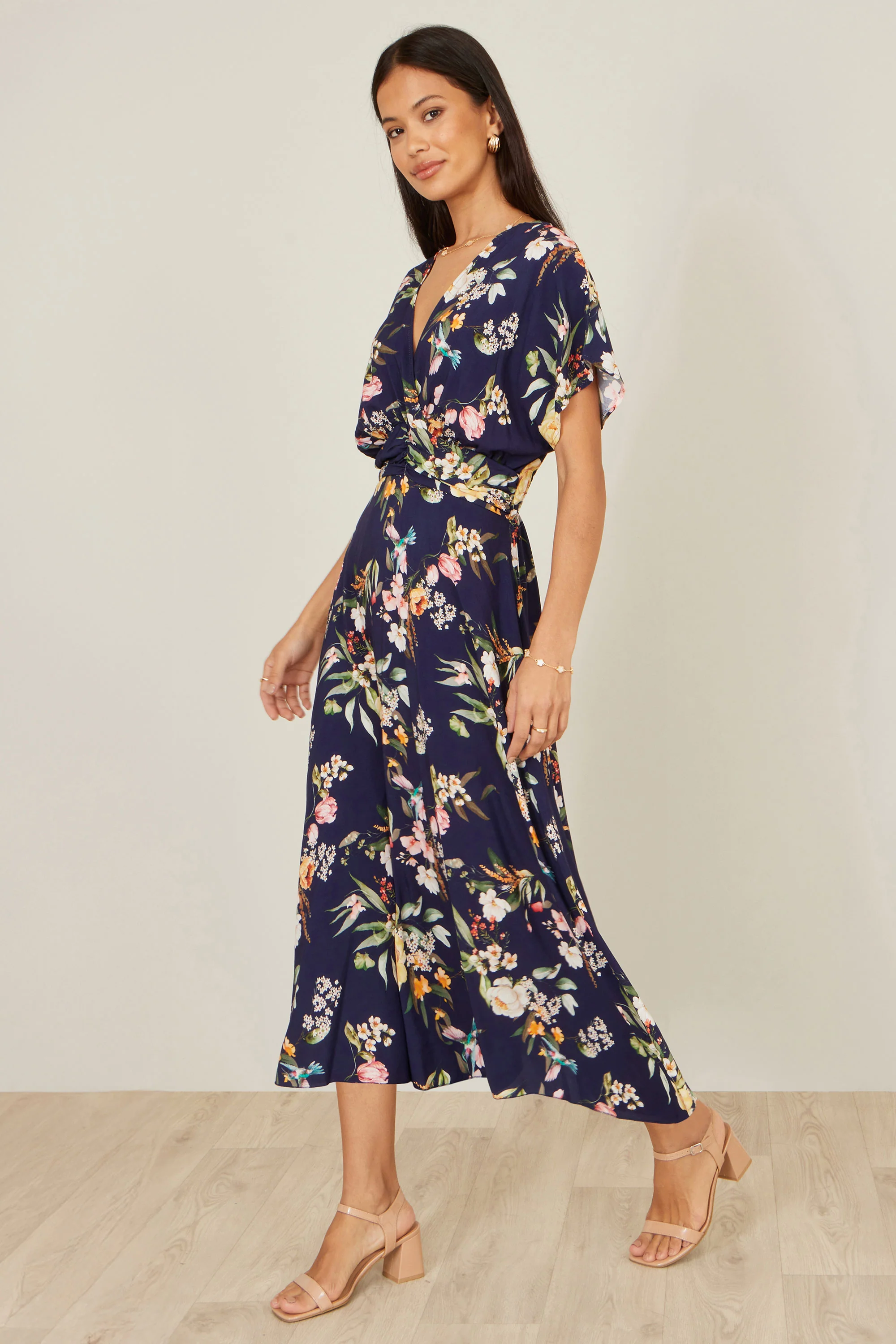 Yumi Navy Viscose Floral Print Midi Dress With Ruched Waist - Image 3