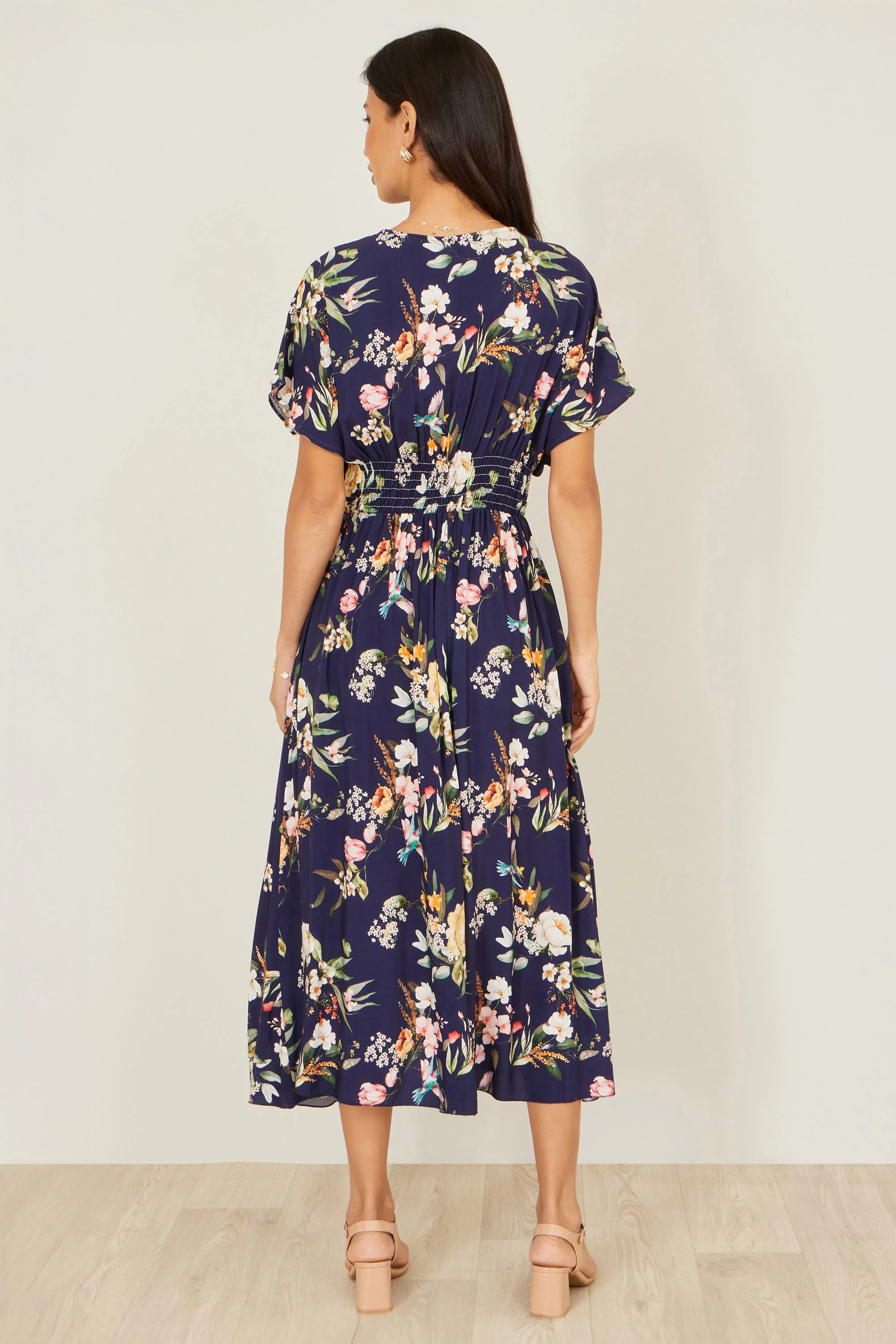 Yumi Navy Viscose Floral Print Midi Dress With Ruched Waist - Image 4