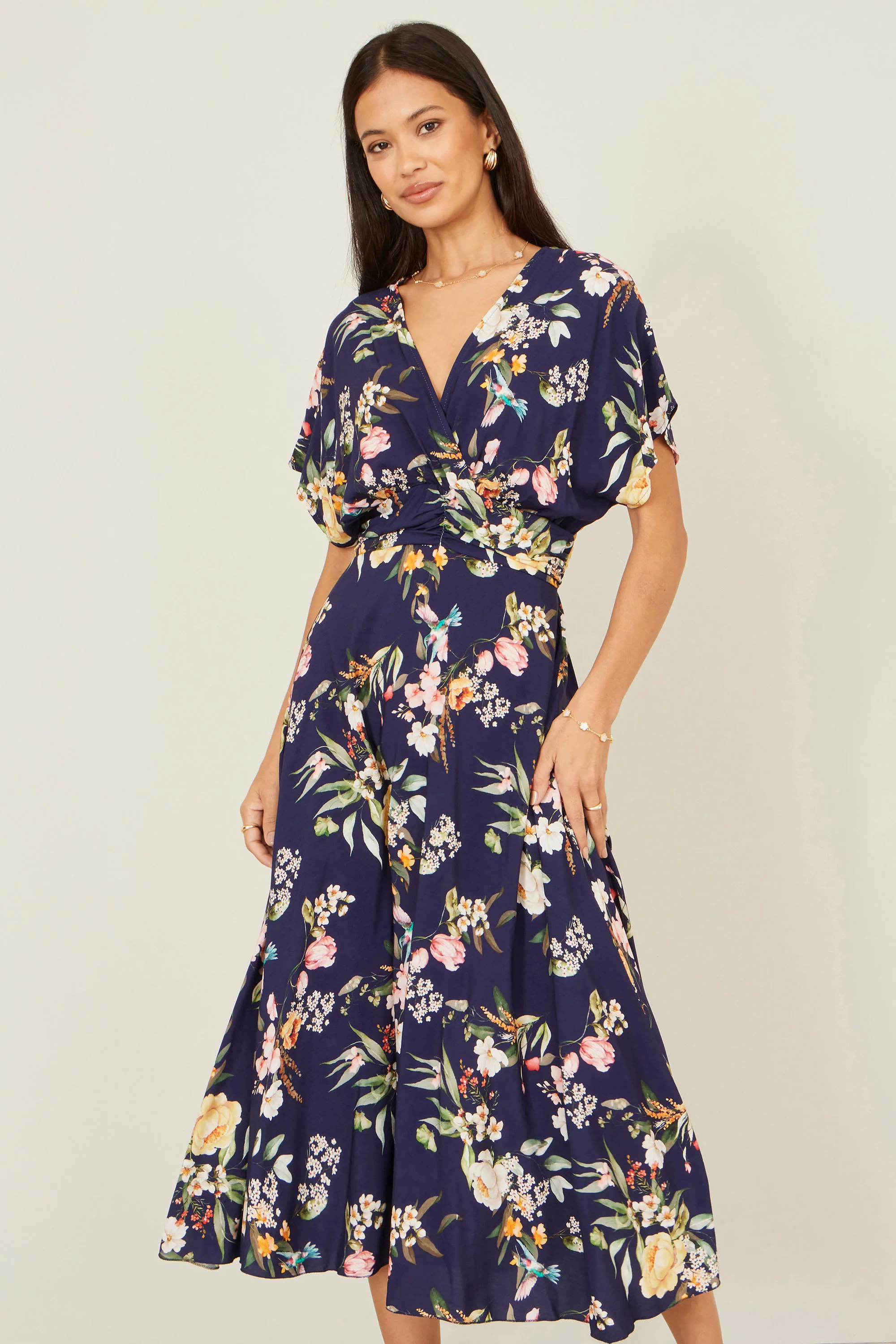 Yumi Navy Viscose Floral Print Midi Dress With Ruched Waist - Image 5