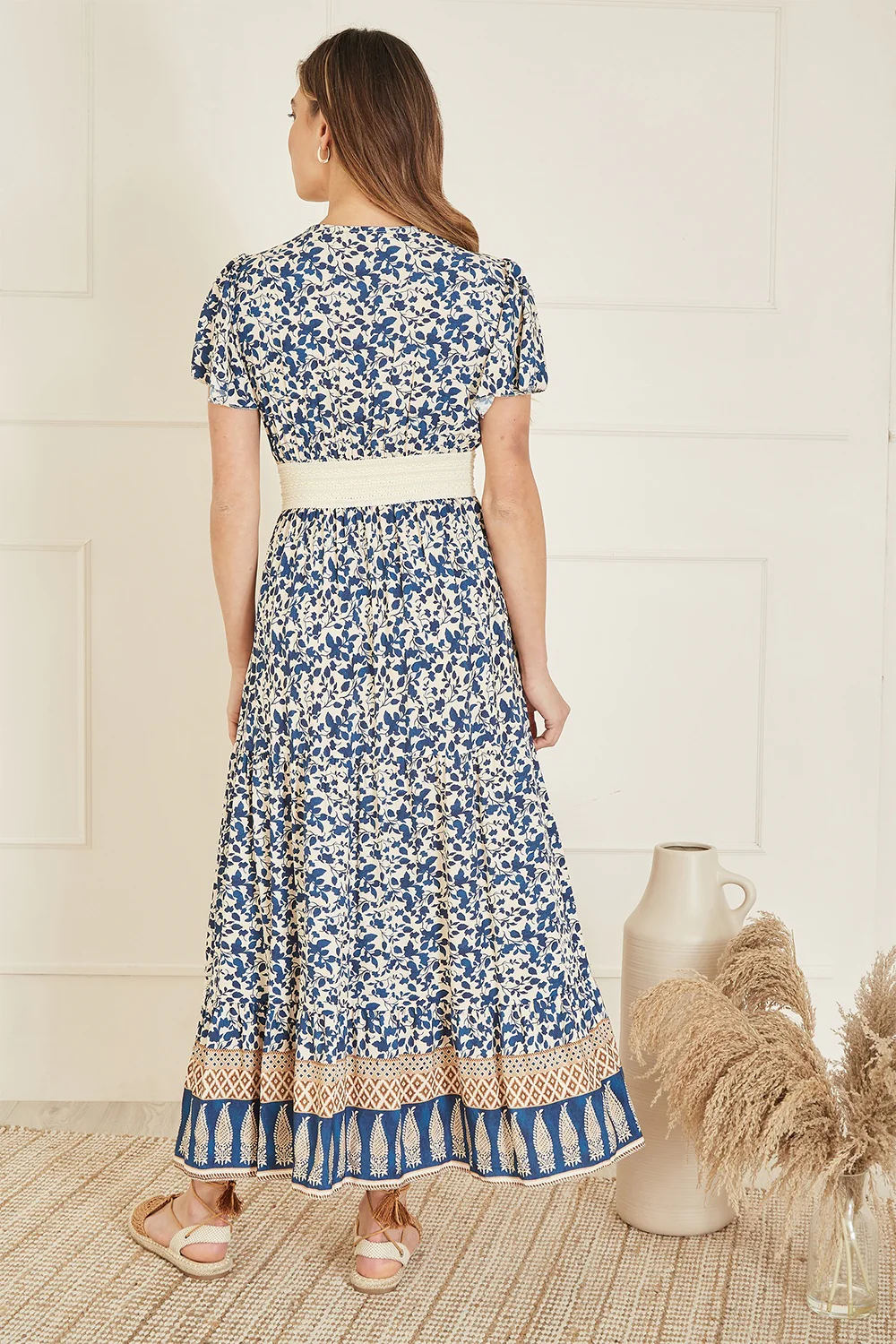 Yumi Navy Viscose Leaf Print Maxi Dress With Lace Trim - Image 3