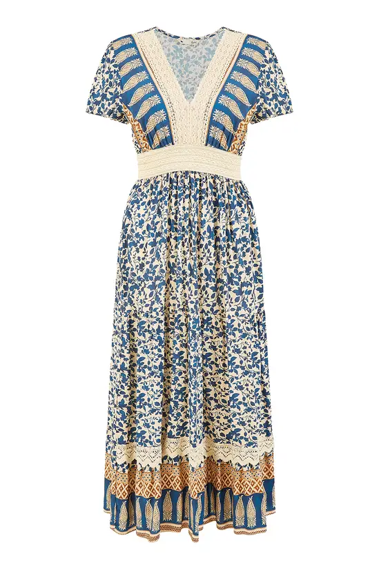 Yumi Navy Viscose Leaf Print Maxi Dress With Lace Trim - Image 4
