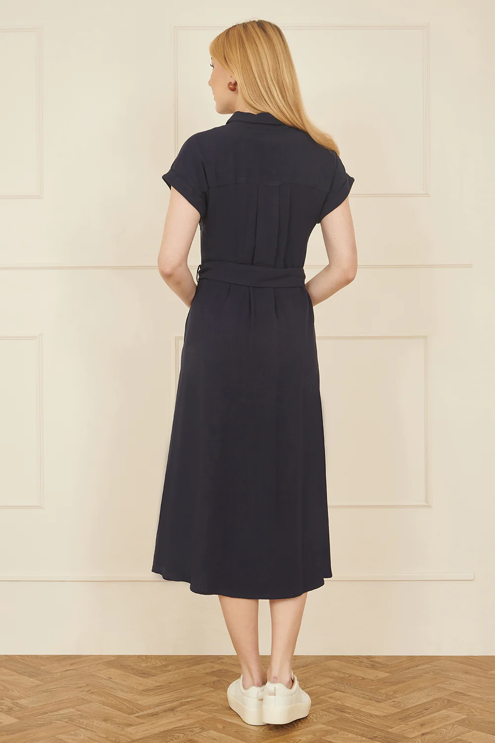 Yumi Navy Viscose Linen Look Midi Shirt Dress With Wooden Belt - Image 3
