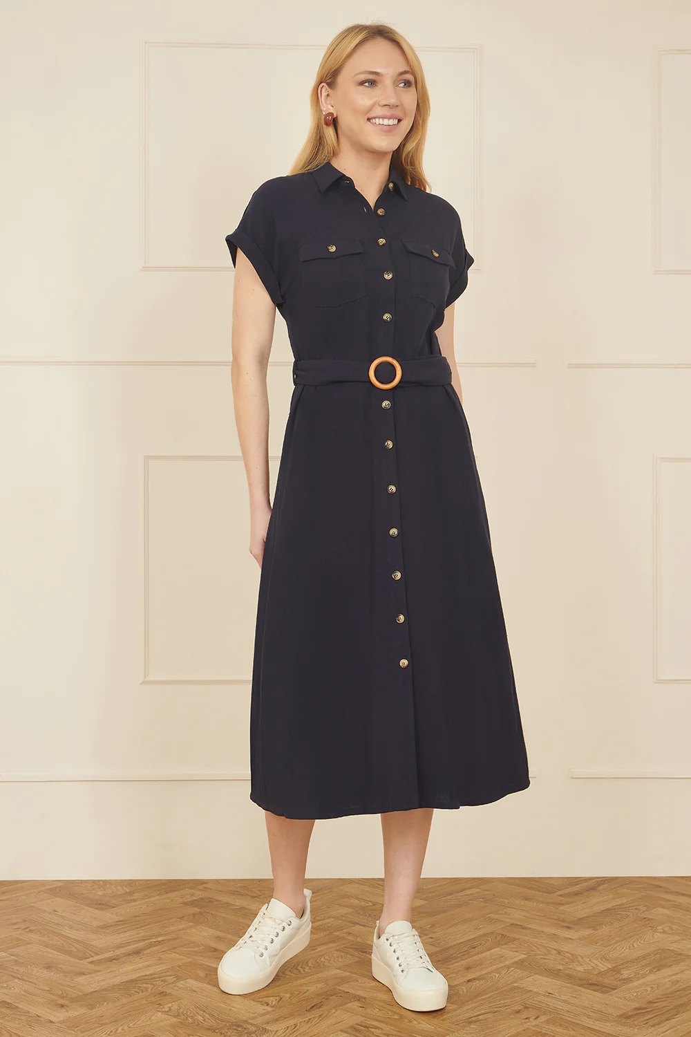 Yumi Navy Viscose Linen Look Midi Shirt Dress With Wooden Belt - Image 4