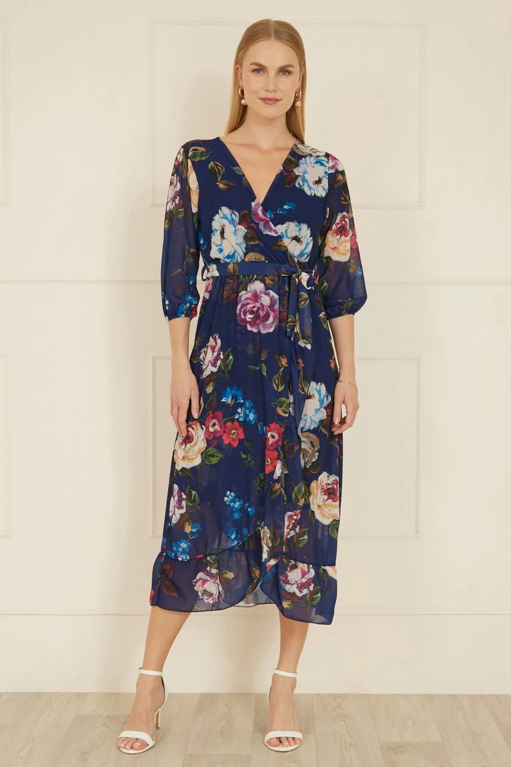 Yumi Navy Watercolour Dip Hem Midi Wrap Dress - Image 3